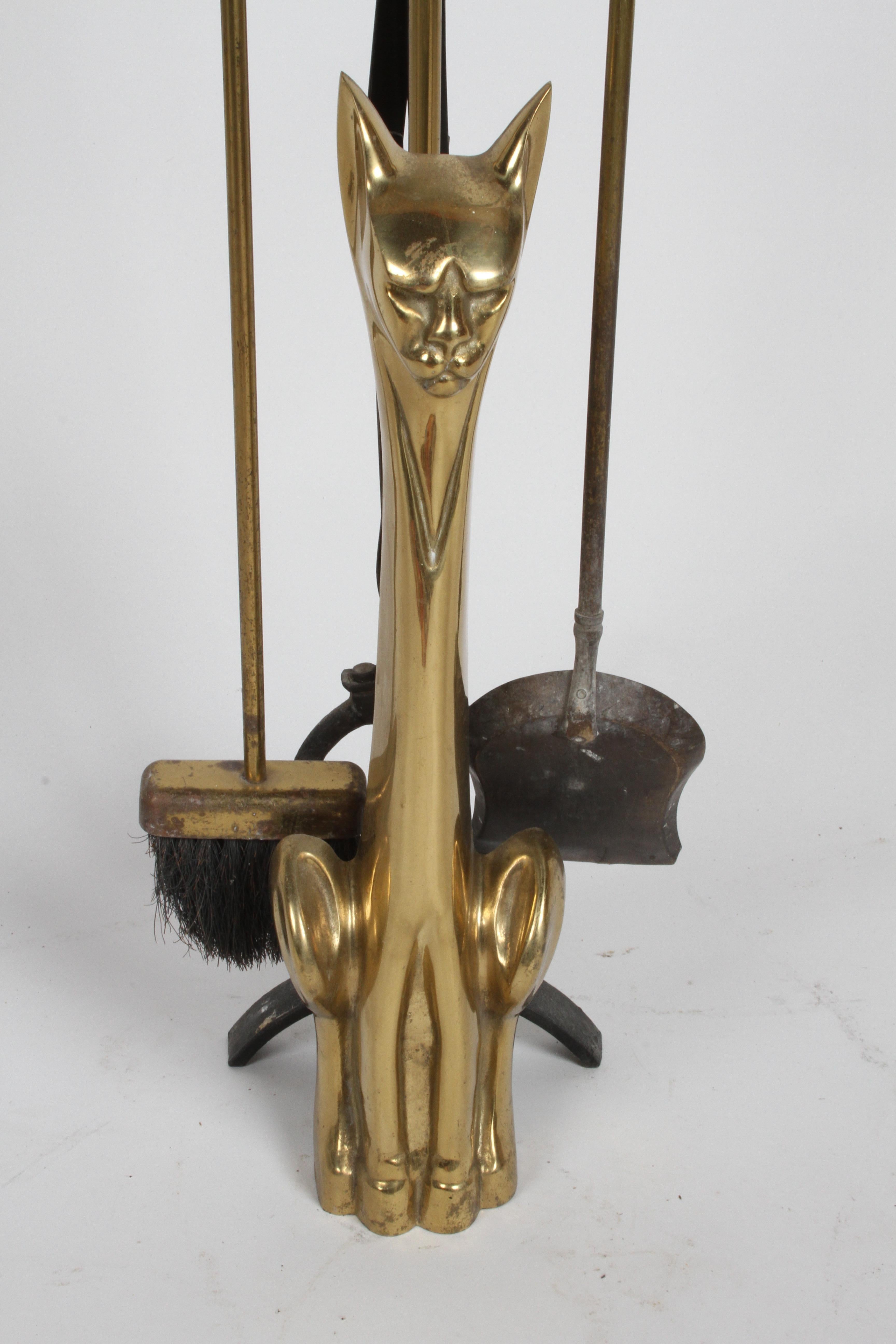 Japanese Hollywood Regency Stylized Tall Siamese Cat Brass Firetool Set - Japan