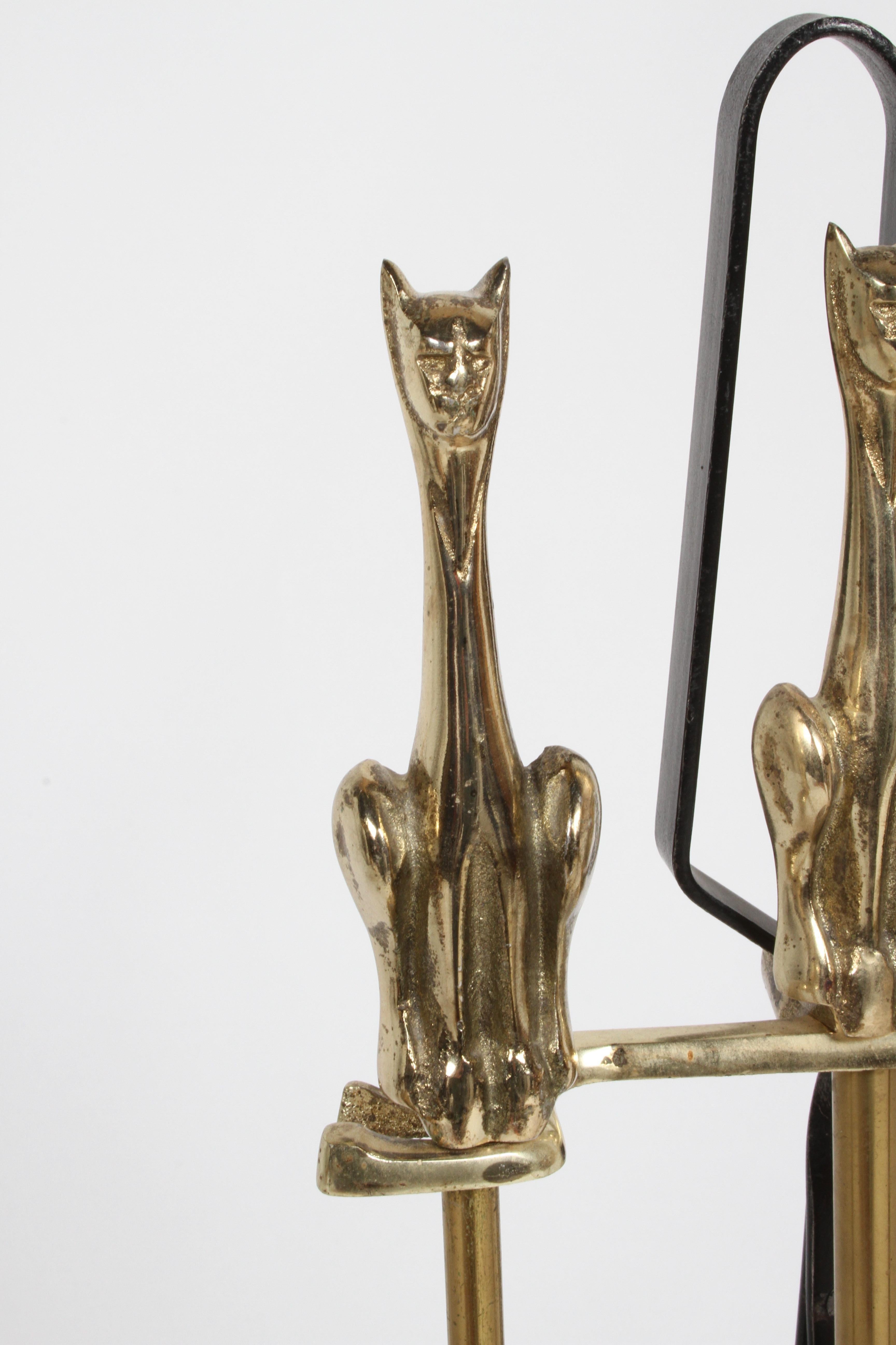 Late 20th Century Hollywood Regency Stylized Tall Siamese Cat Brass Firetool Set - Japan 