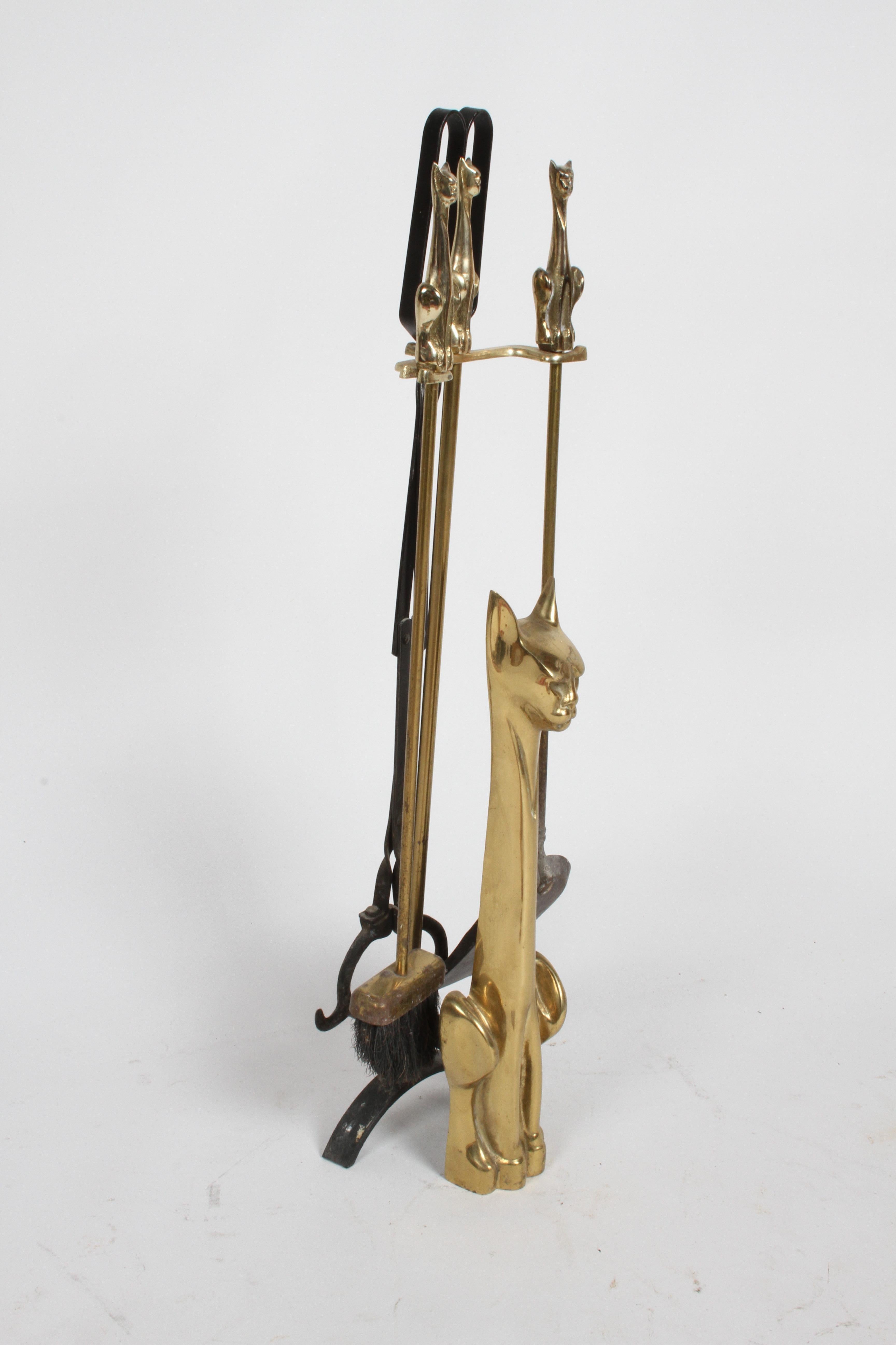 Hollywood Regency Stylized Tall Siamese Cat Brass Firetool Set - Japan  3