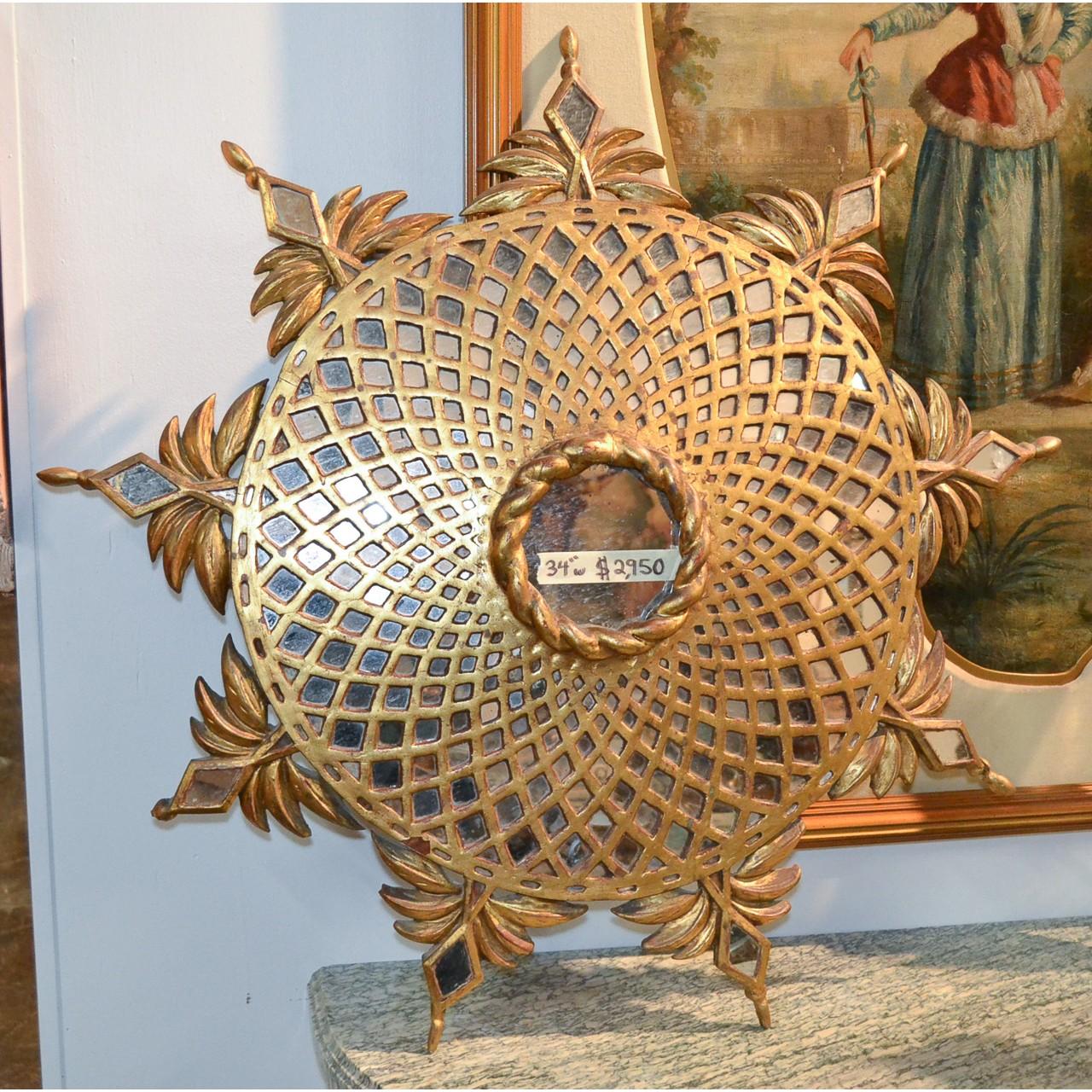 Carved Hollywood Regency Sunburst Mirror, 1940s Italian