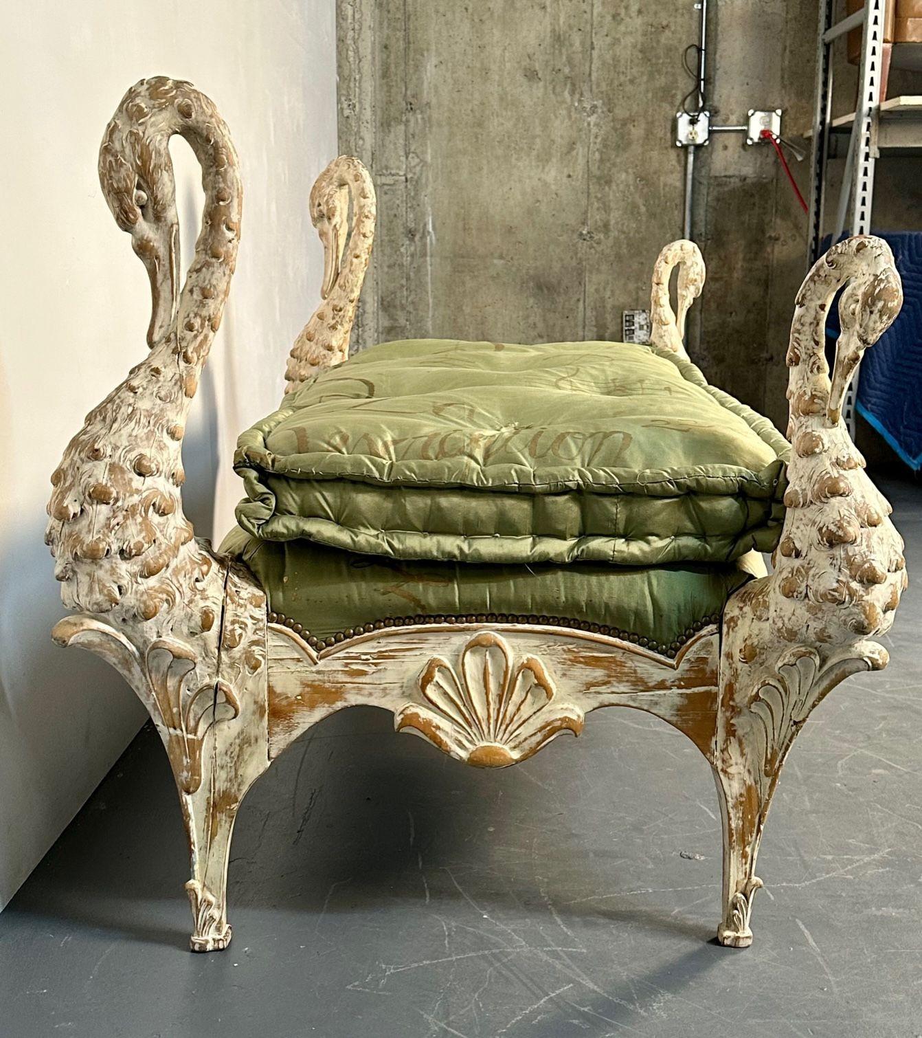 Maison Jansen Hollywood Regency Swan Bench / Daybed, Hand Carved, Distressed For Sale 4