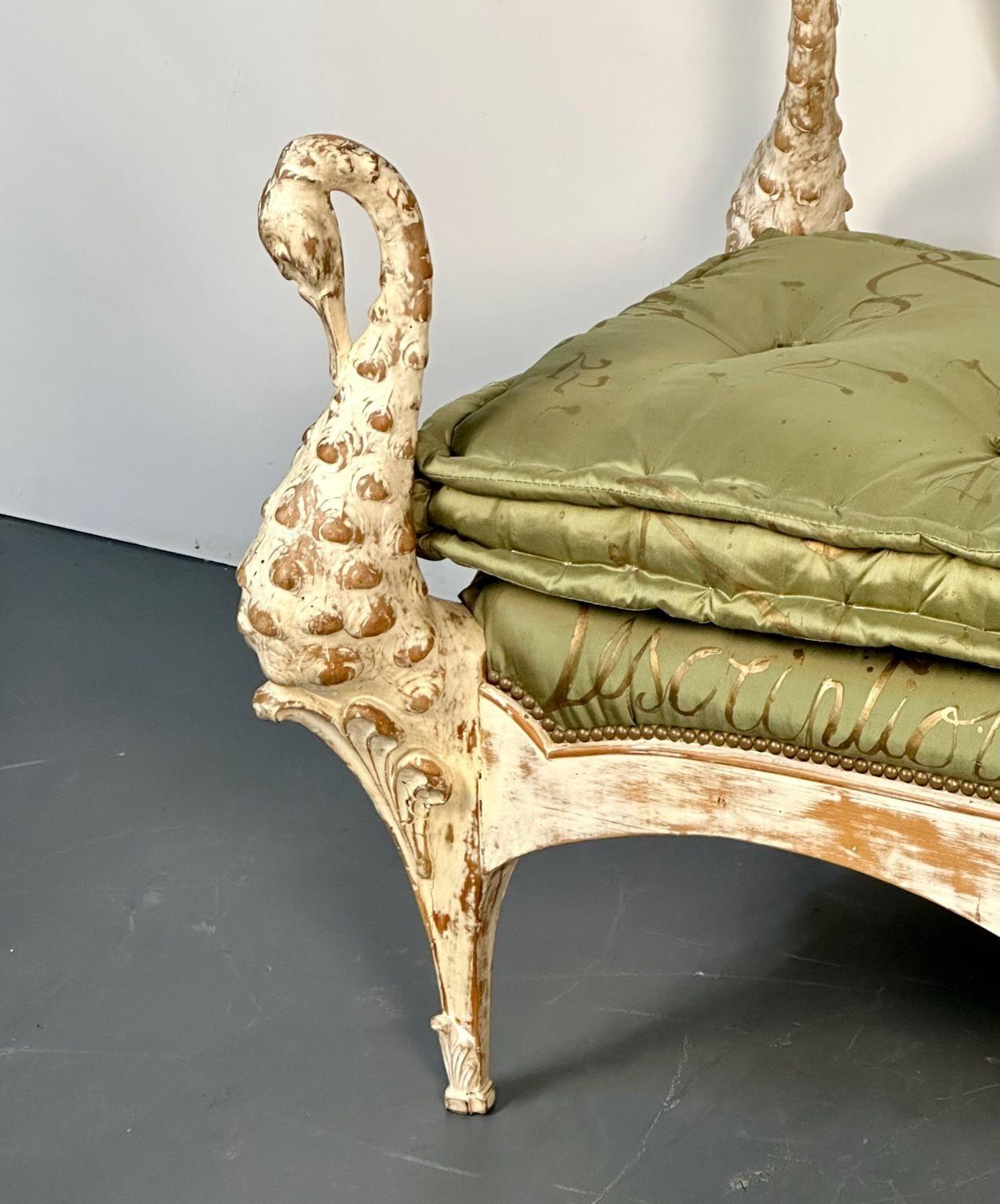 Maison Jansen Hollywood Regency Swan Bench / Daybed, Hand Carved, Distressed For Sale 6