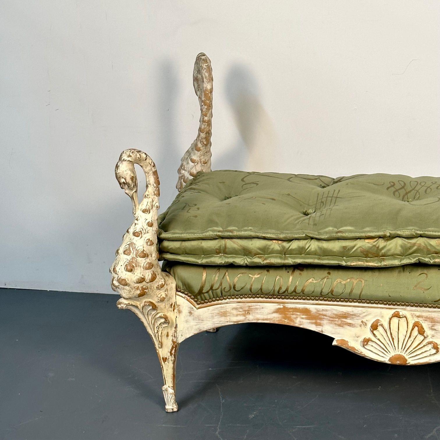 Maison Jansen Hollywood Regency Swan Bench / Daybed, Hand Carved, Distressed For Sale 8