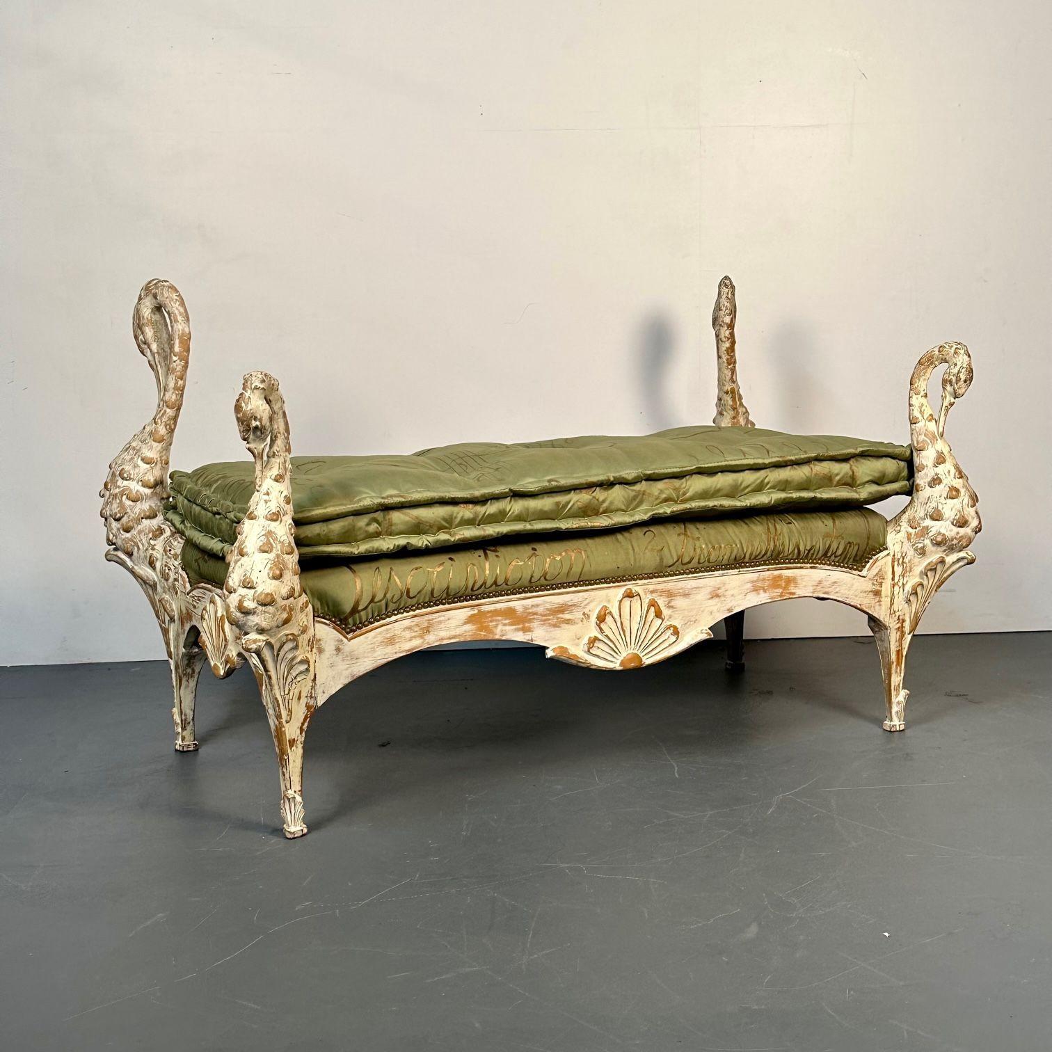 Maison Jansen Hollywood Regency Swan Bench / Daybed, Hand Carved, Distressed
 
Very unique French bench or daybed attributed to Maison Jansen having four intricately detailed hand carved full bodied swans. The whole having a shell carved Swedish