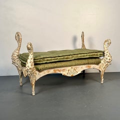 Maison Jansen Hollywood Regency Swan Bench / Daybed, Hand Carved, Distressed
