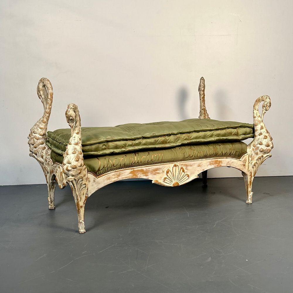 French Maison Jansen Hollywood Regency Swan Bench / Daybed, Hand Carved, Distressed For Sale