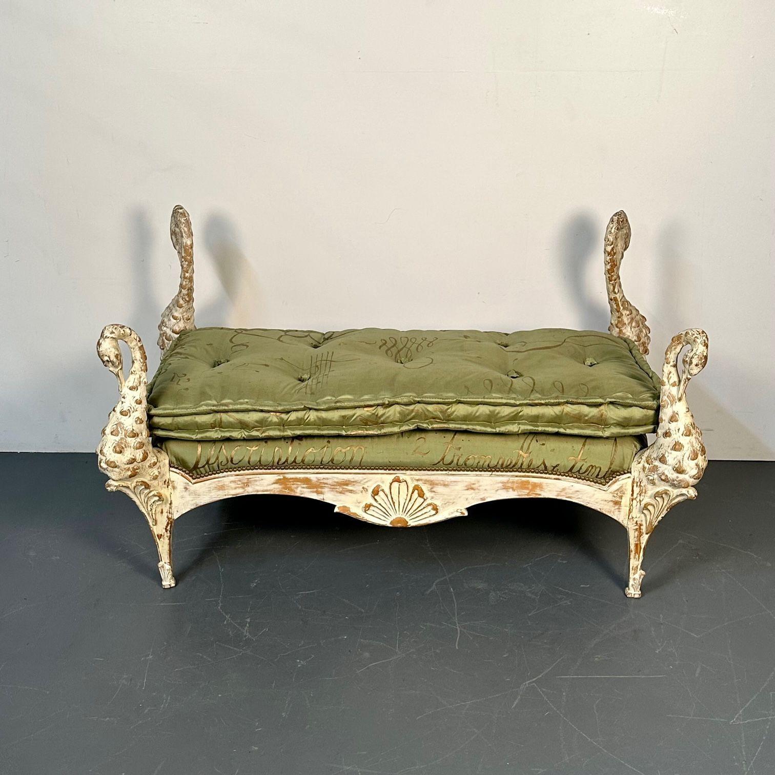 Maison Jansen Hollywood Regency Swan Bench / Daybed, Hand Carved, Distressed In Good Condition For Sale In Stamford, CT
