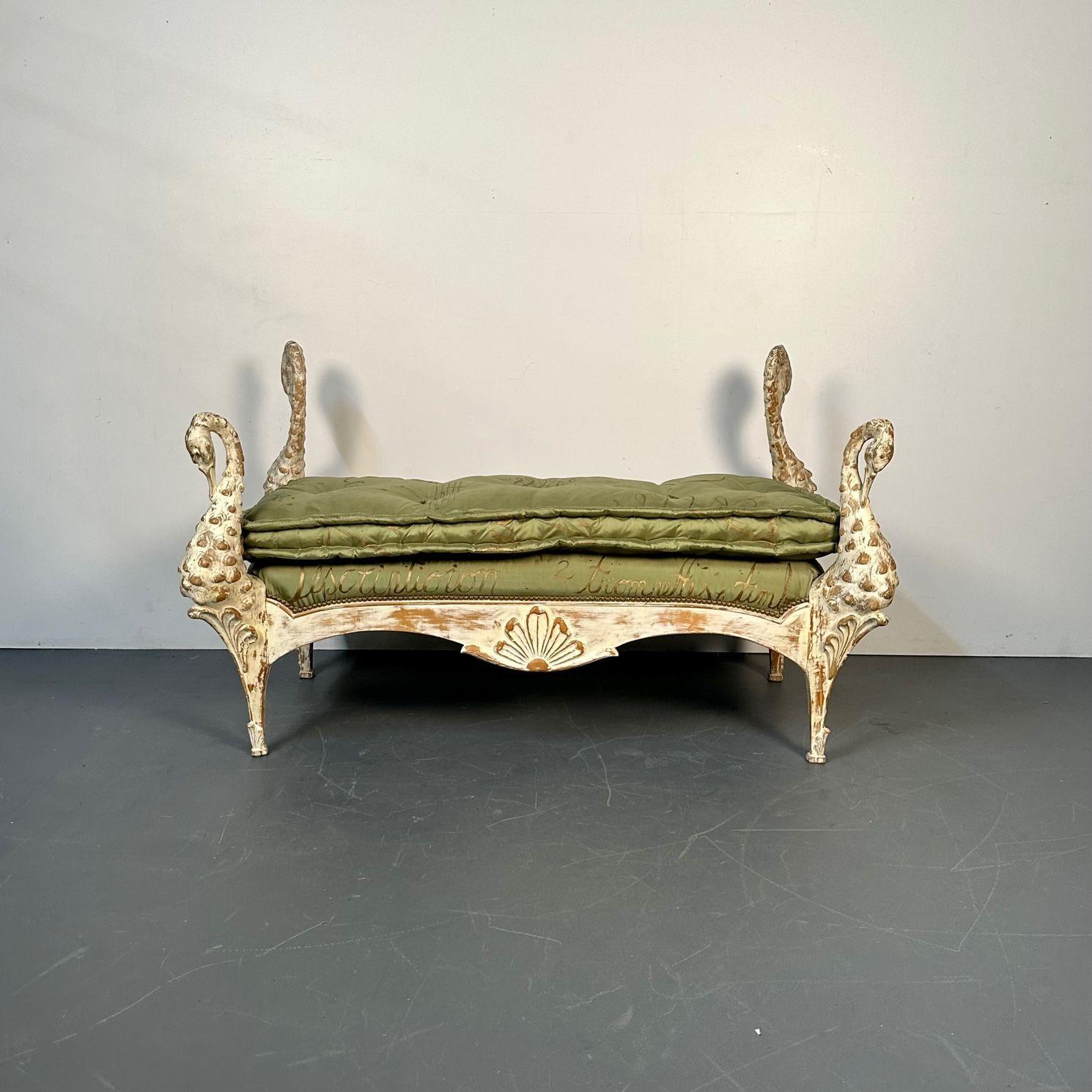 20th Century Maison Jansen Hollywood Regency Swan Bench / Daybed, Hand Carved, Distressed For Sale