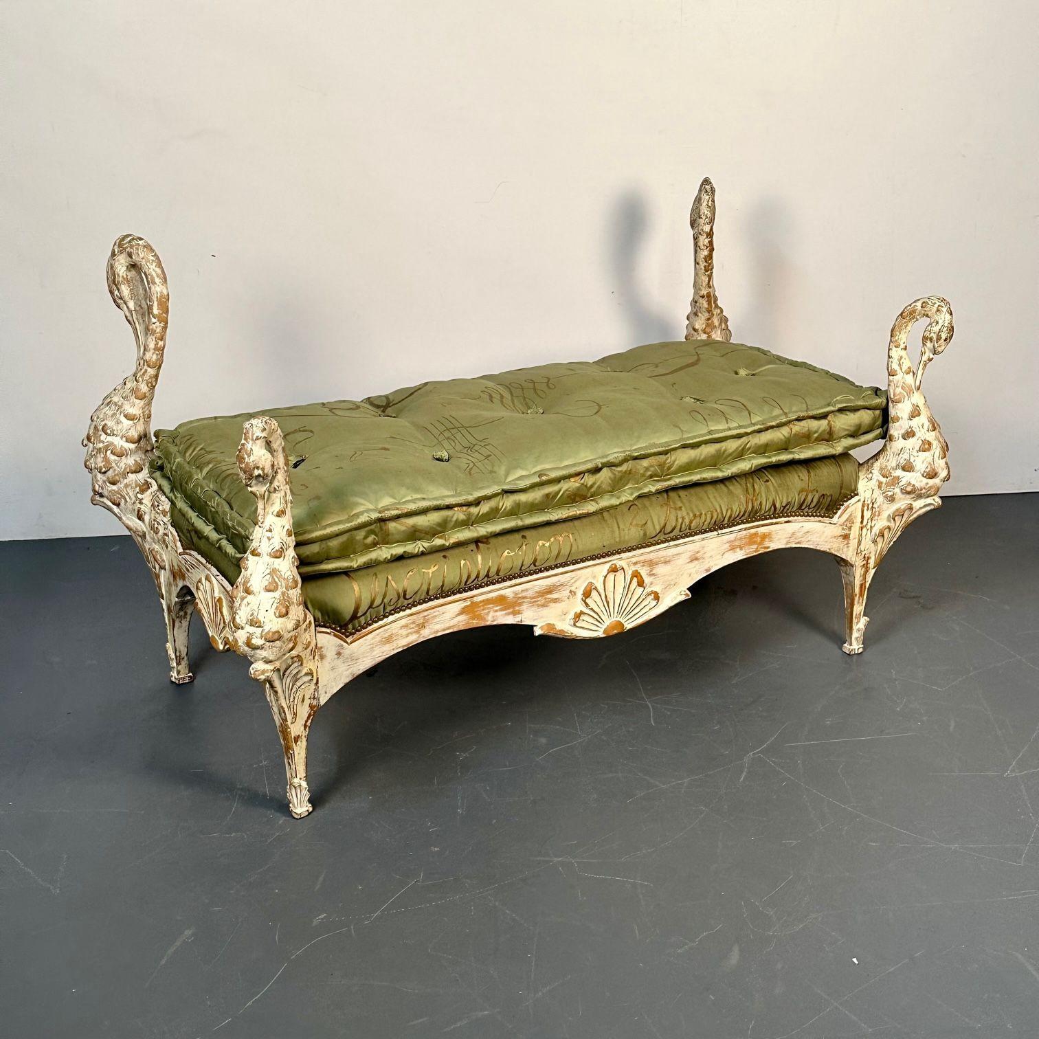 Textile Maison Jansen Hollywood Regency Swan Bench / Daybed, Hand Carved, Distressed For Sale