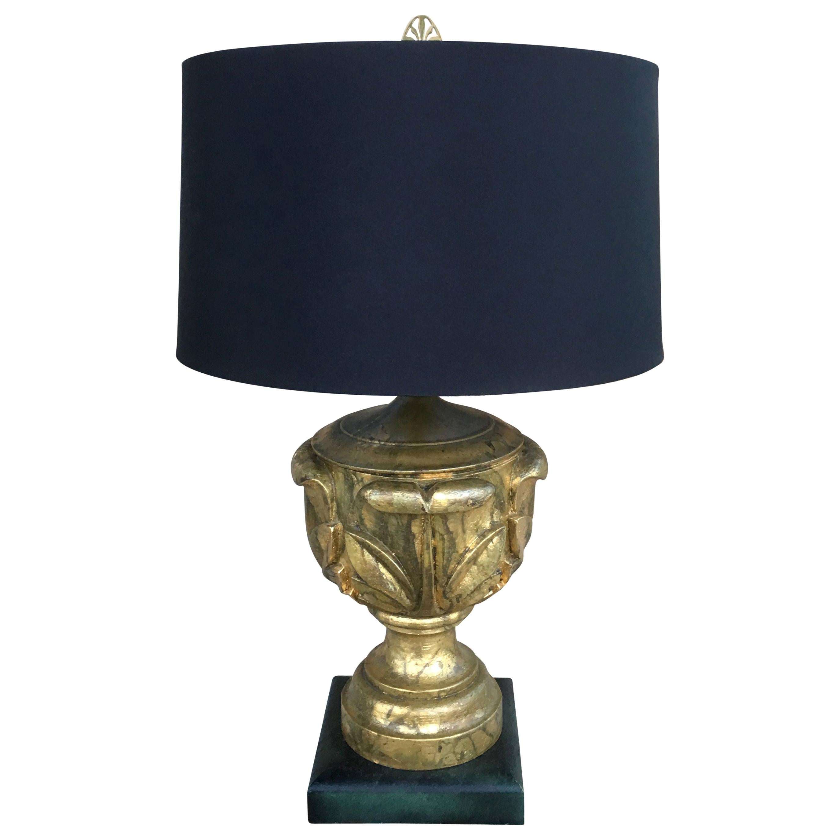 Hollywood Regency Table Lamp in Gold Leaf with Black Shade
