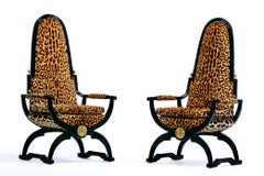 Hollywood Regency Tall Back Throne Chairs in Leopard Velvet & Ebony Gilt Frames