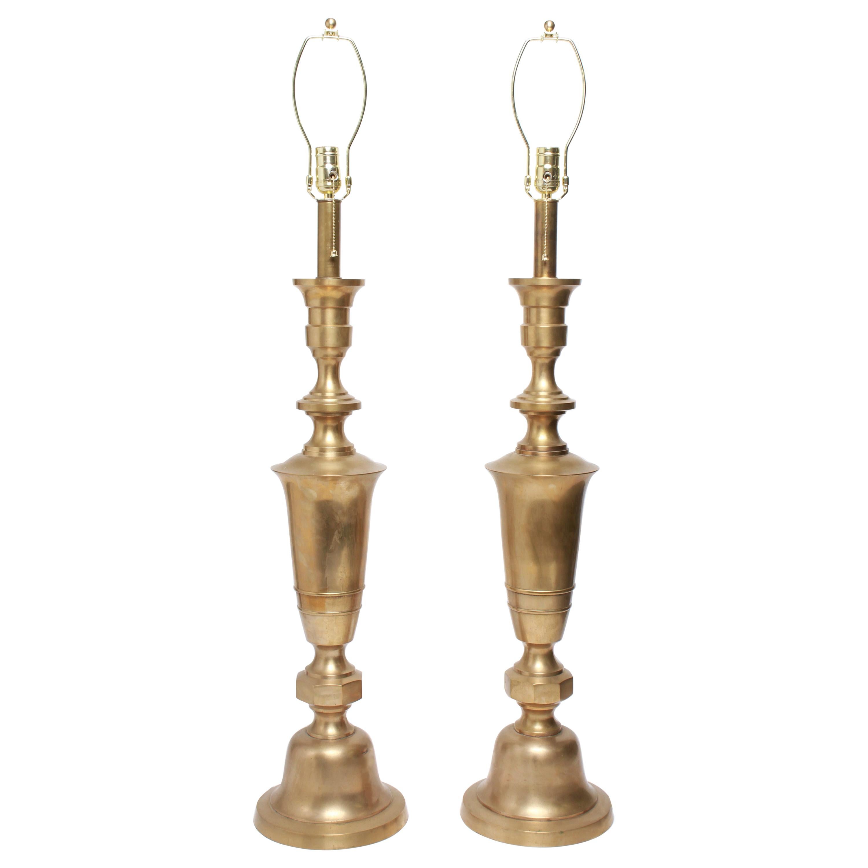 Hollywood Regency Tall Brass Urn Table Lamps