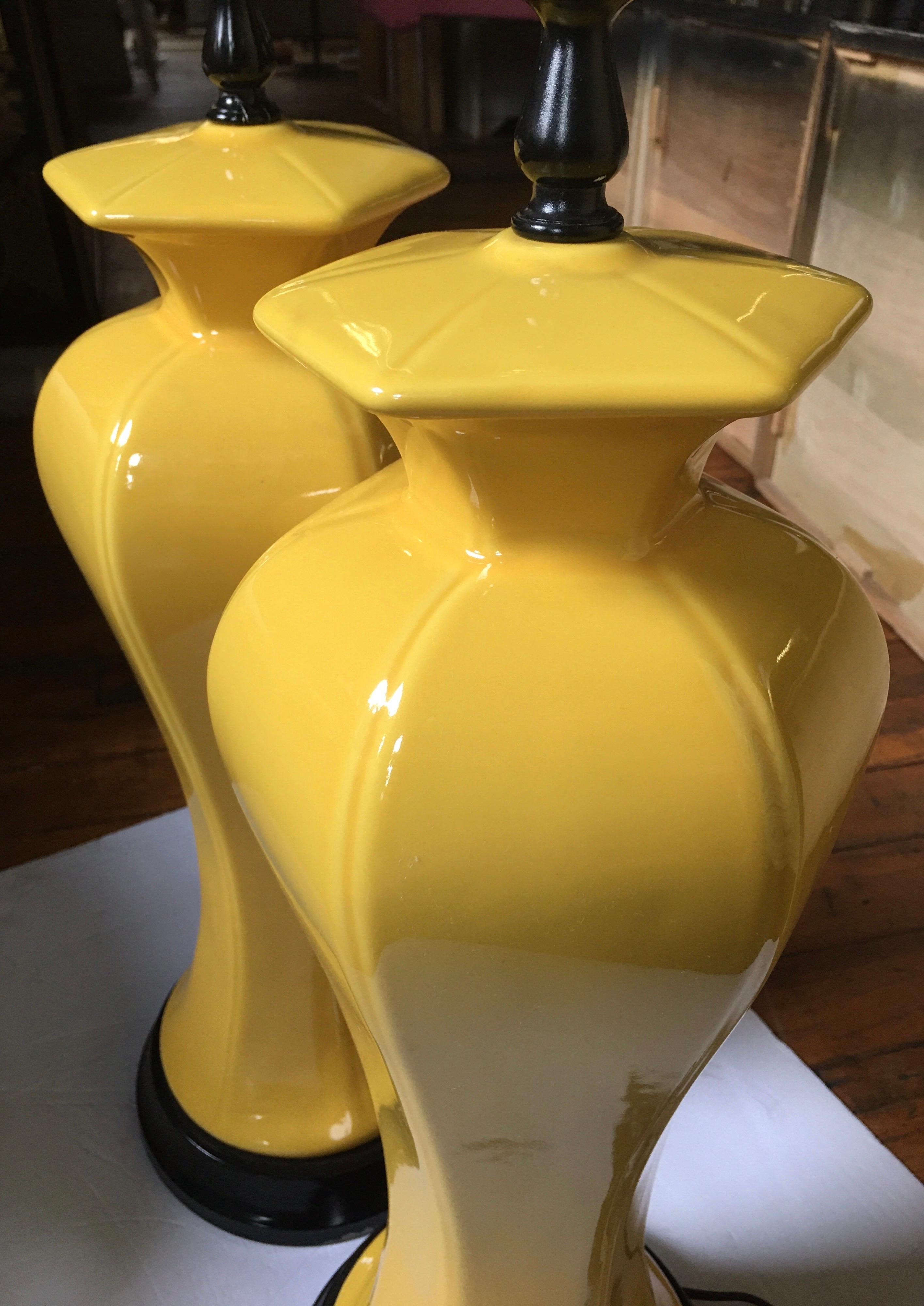 Mid-20th Century Hollywood Regency Tall Yellow Ceramic Glazed Table Lamps, Pair