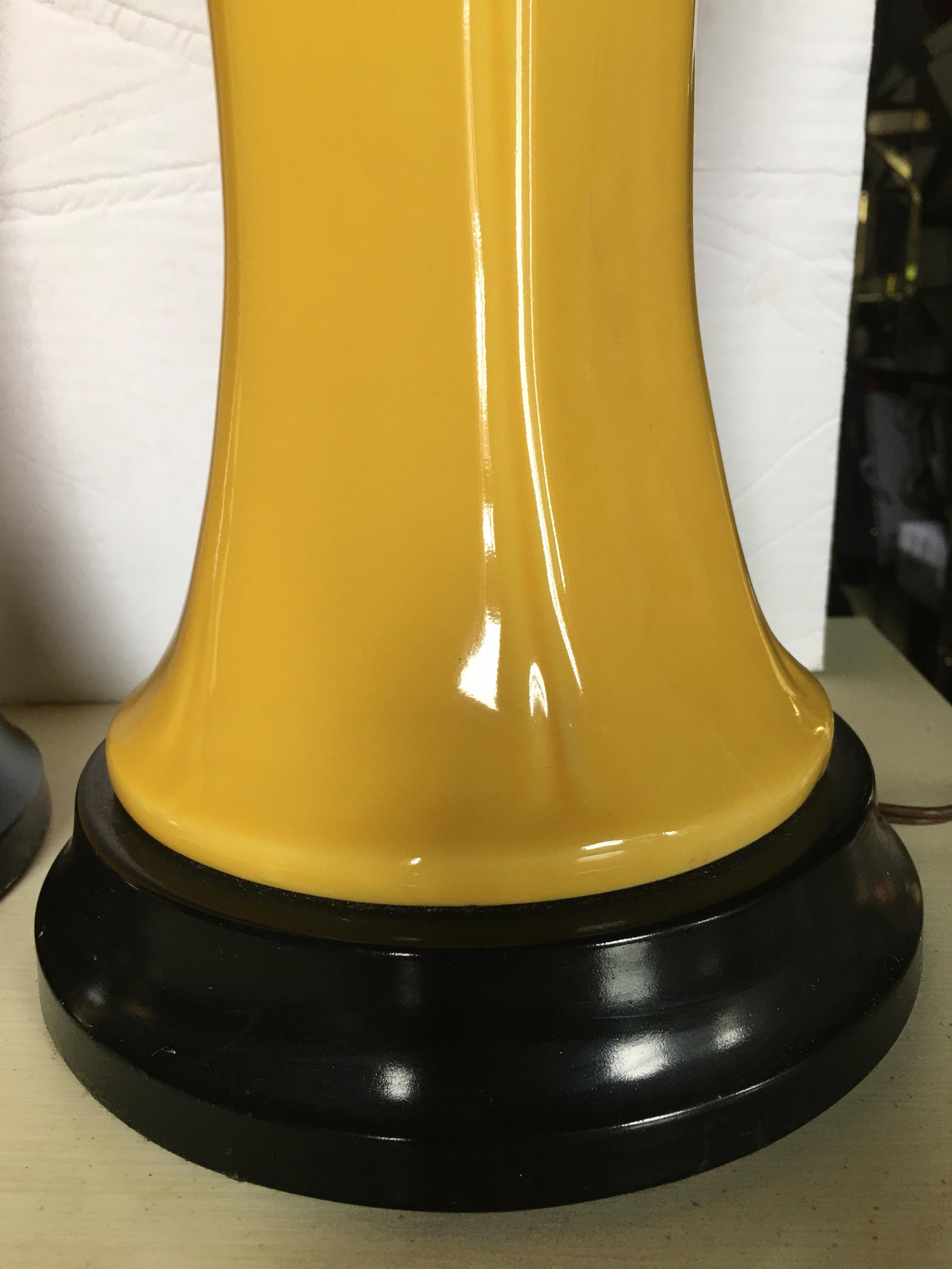 Hollywood Regency Tall Yellow Ceramic Glazed Table Lamps, Pair 2