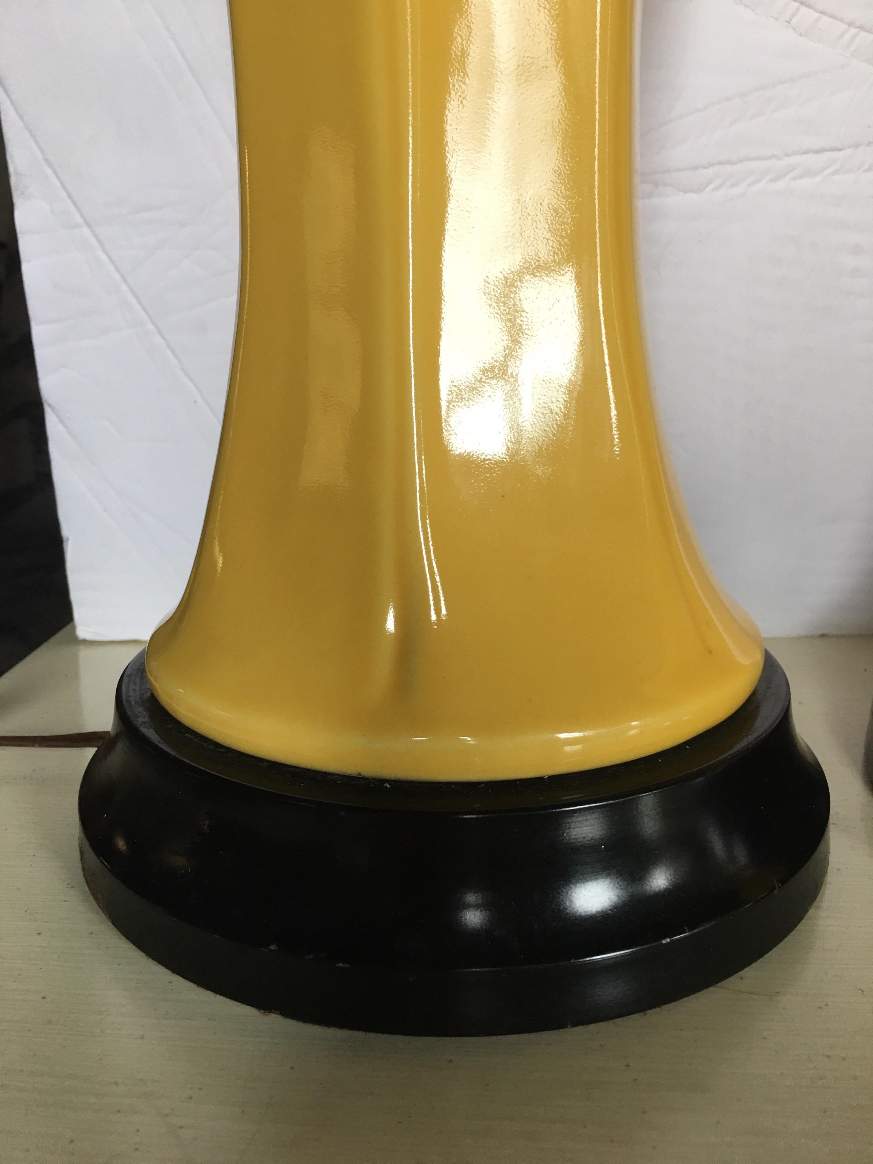 Hollywood Regency Tall Yellow Ceramic Glazed Table Lamps, Pair 3