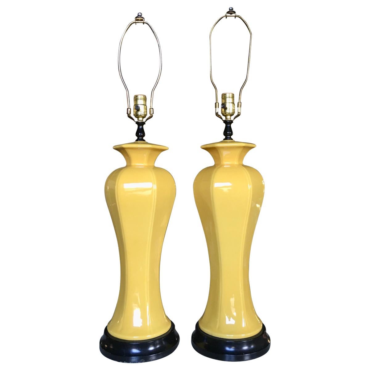 Hollywood Regency Tall Yellow Ceramic Glazed Table Lamps, Pair