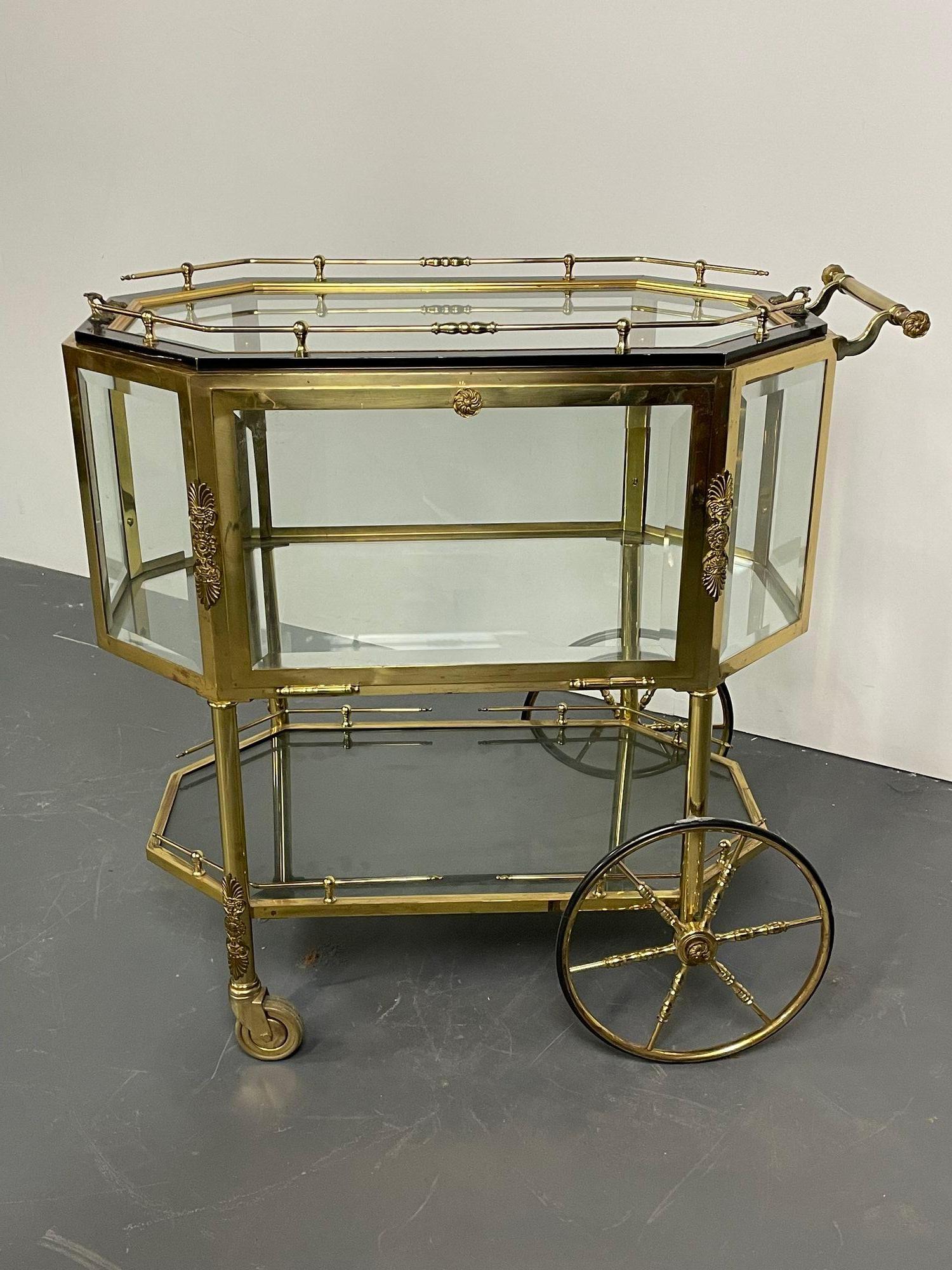 French Hollywood Regency Tea Wagon or Serving Cart, Beveled Glass, Bronze and Brass For Sale
