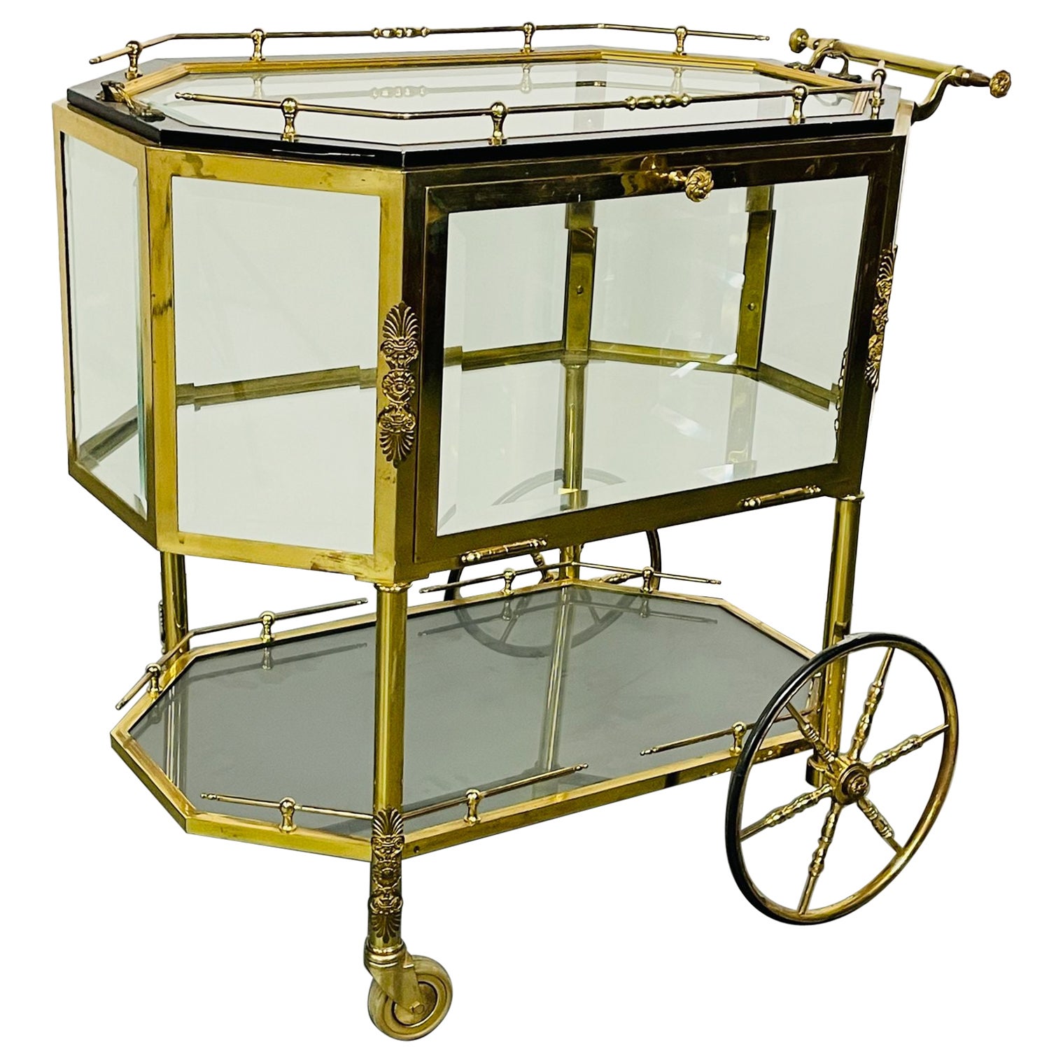 Hollywood Regency Tea Wagon or Serving Cart, Beveled Glass, Bronze and Brass For Sale