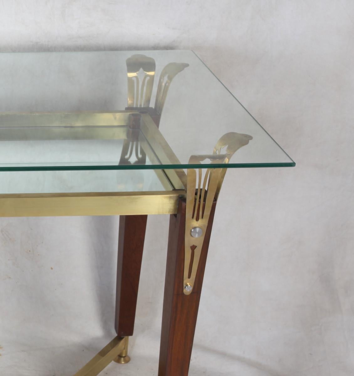 Hollywood Regency Teak, Brass and Glass Console Table or Desk 2
