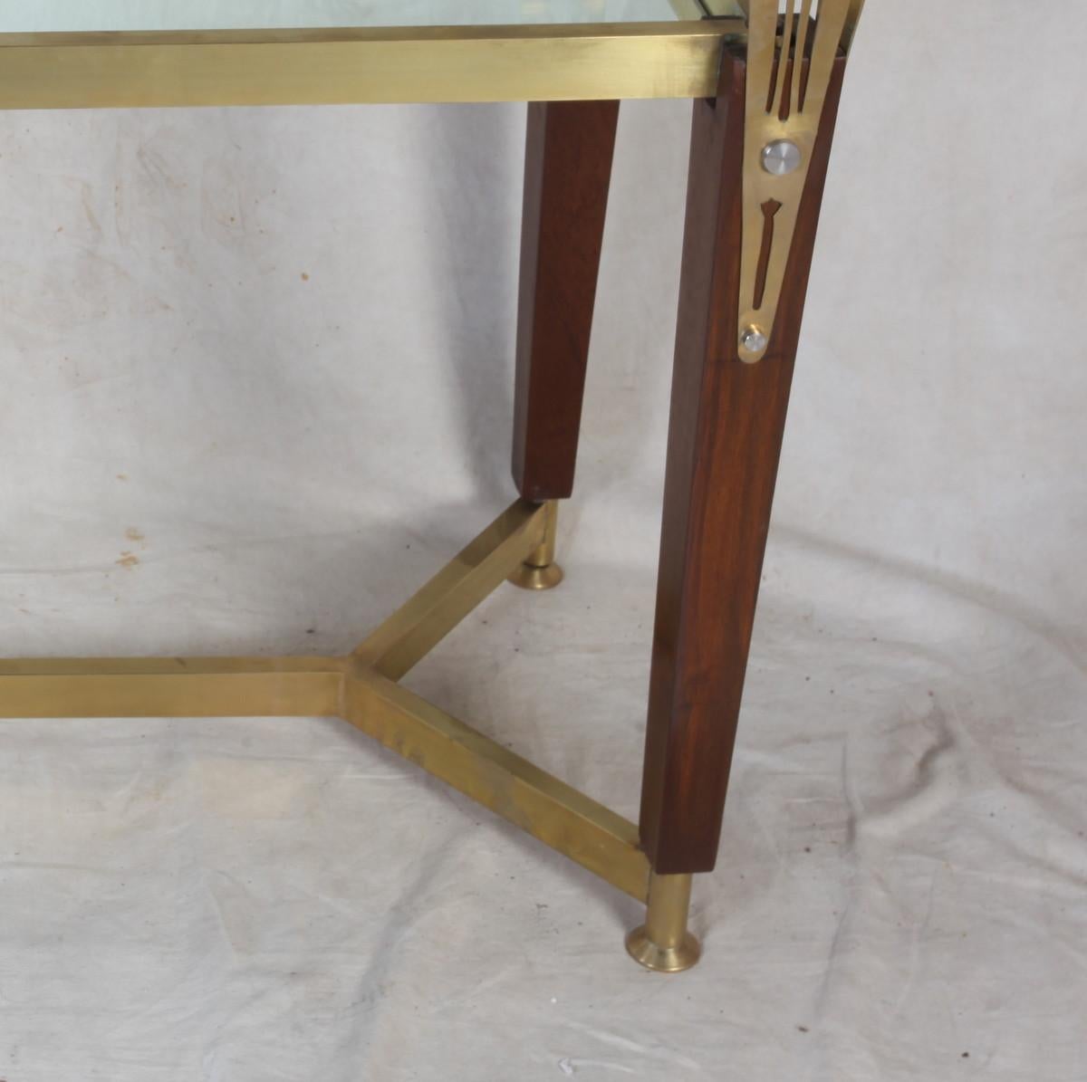 Hollywood Regency Teak, Brass and Glass Console Table or Desk 3