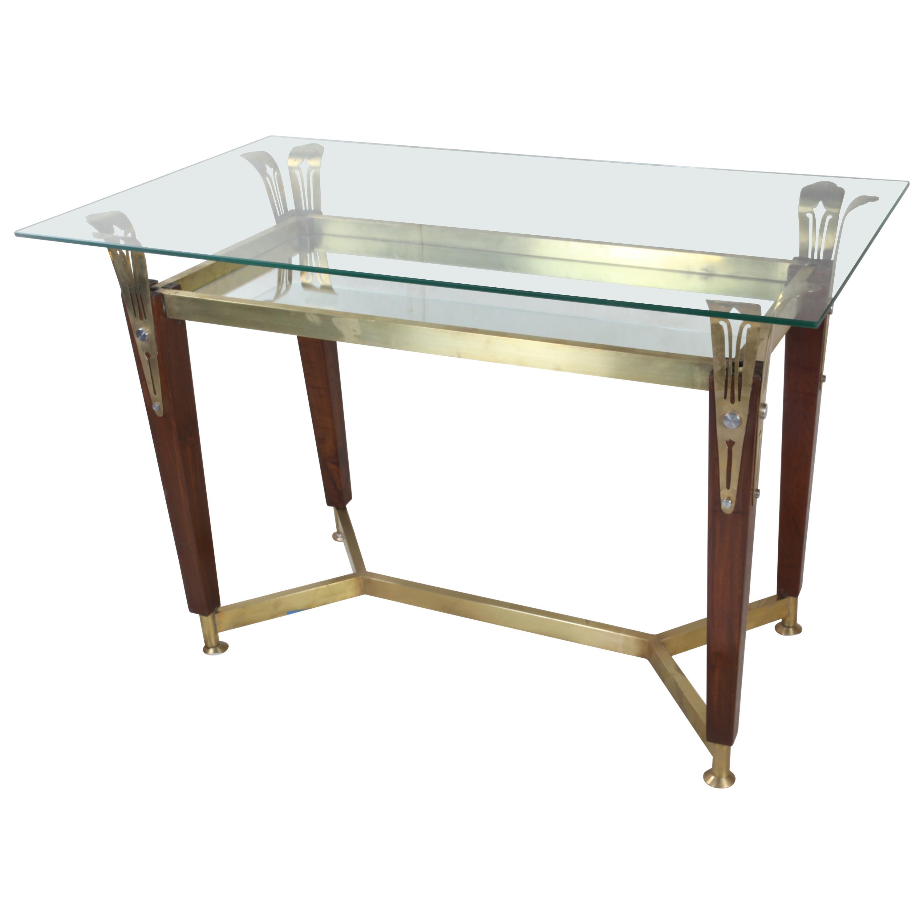Hollywood Regency Teak, Brass and Glass Console Table or Desk