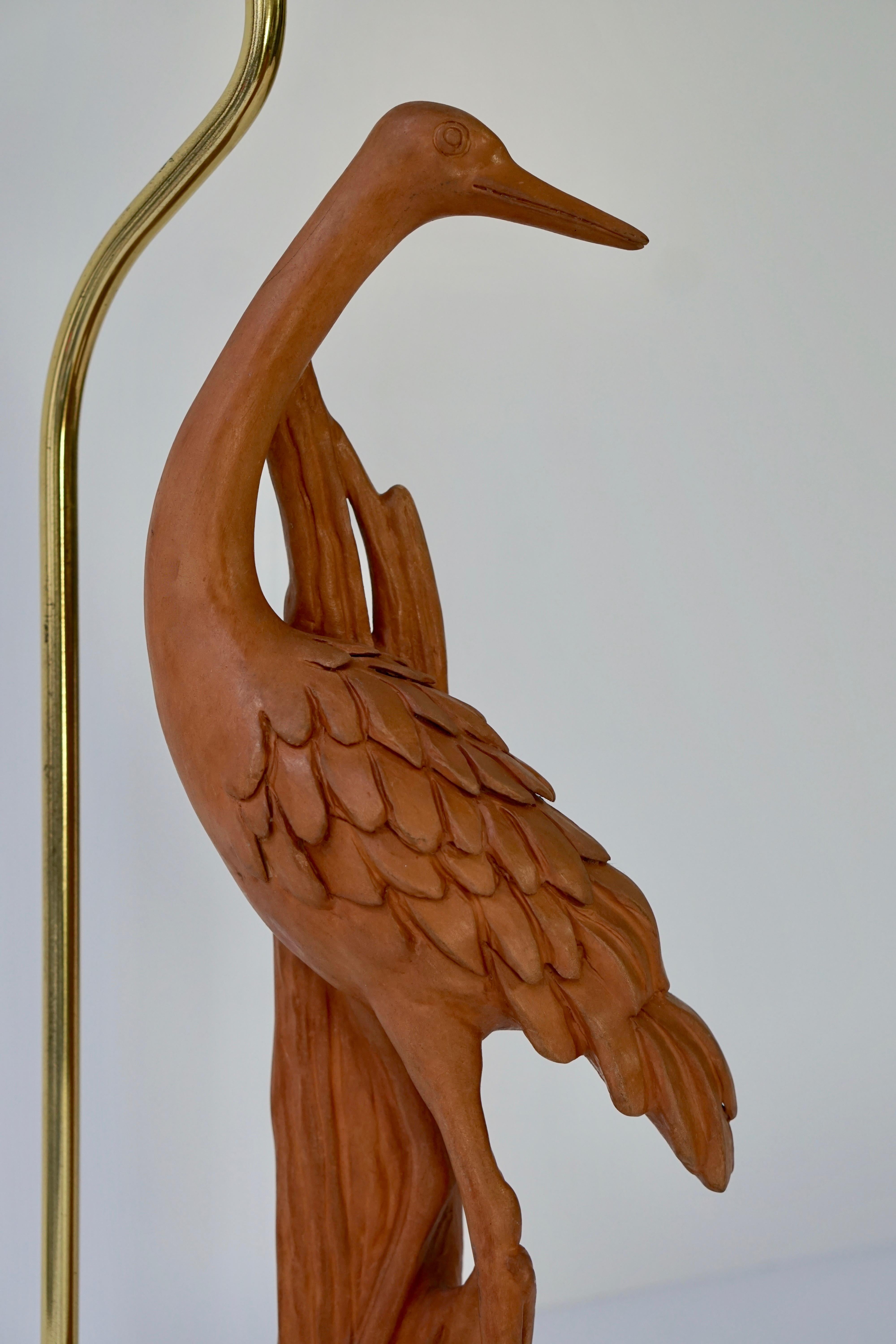 Hollywood Regency Terracotta and Brass Heron Table Lamp, Signed 5