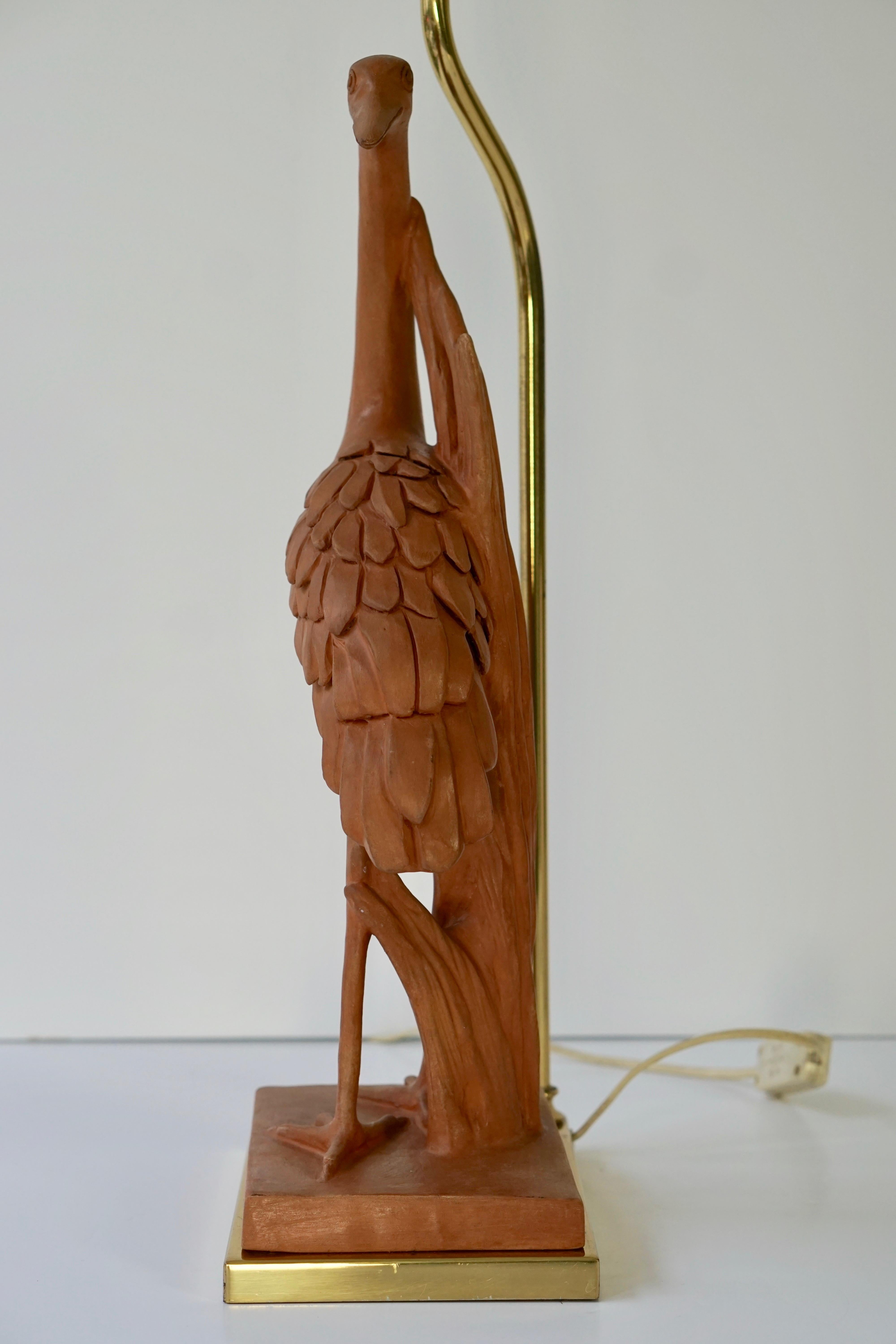 Hollywood Regency Terracotta and Brass Heron Table Lamp, Signed 3