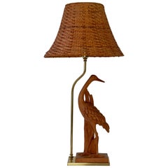 Hollywood Regency Terracotta and Brass Heron Table Lamp, Signed