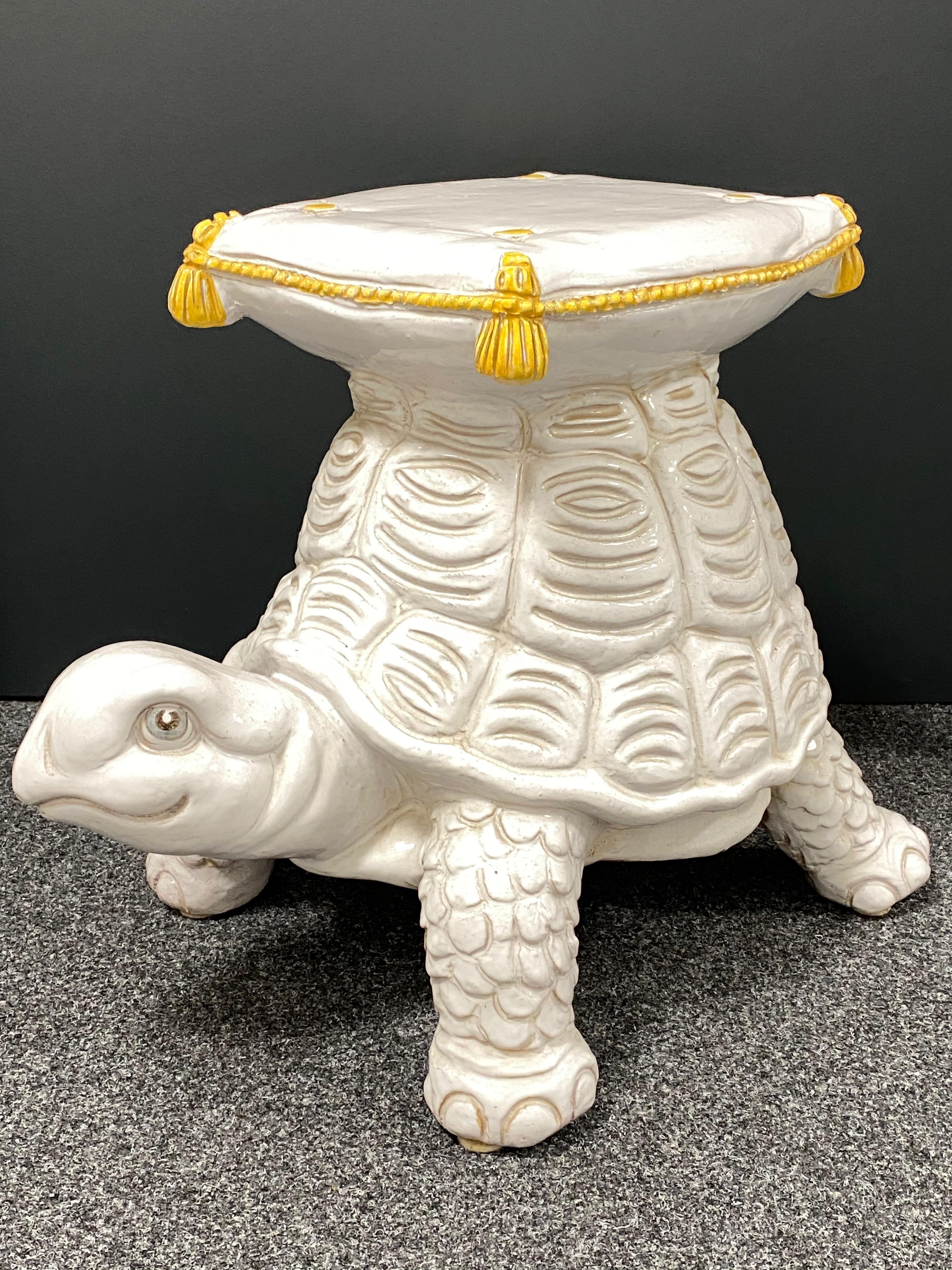 Mid-20th century glazed Italian terracotta turtle garden stool, flower pot seat, patio decoration or side table. Nice addition to your home, patio or garden. Unusual form for a vintage garden seat in the shape of a turtle with tufted pillow top, all