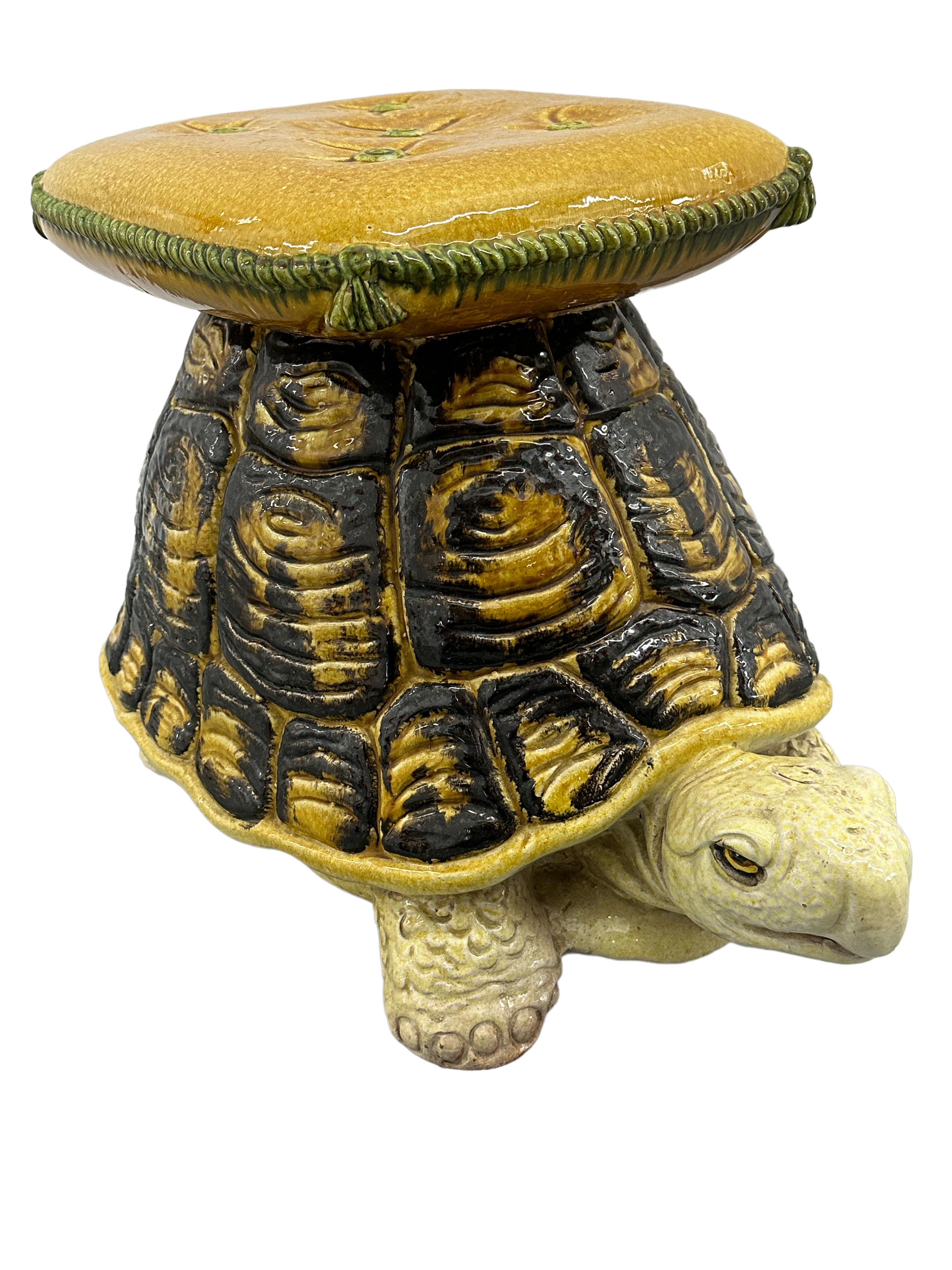 Hand-Crafted Hollywood Regency Terracotta Turtle Garden Plant Stand, Seat or Patio Decoration