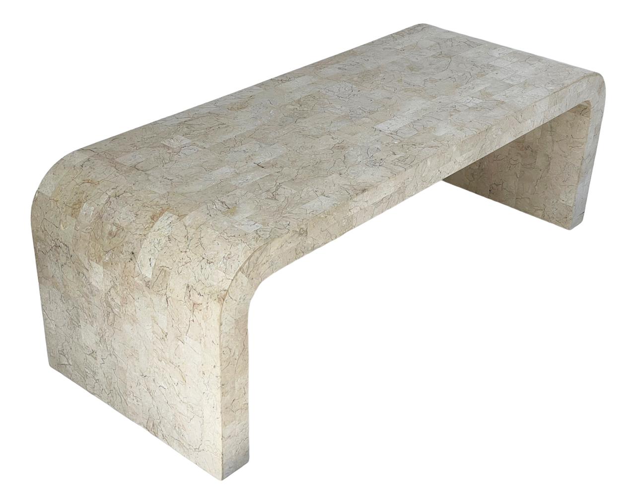 Philippine Hollywood Regency Tesselated Stone Beige Marble Waterfall Cocktail Table 