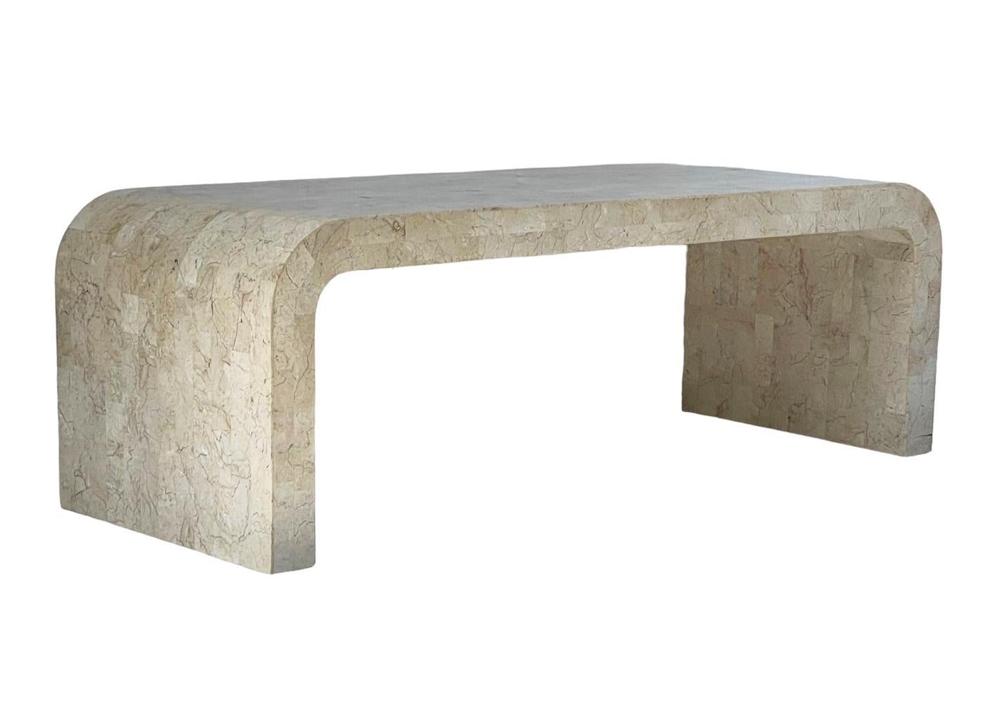 Hollywood Regency Tesselated Stone Beige Marble Waterfall Cocktail Table  In Good Condition In Philadelphia, PA