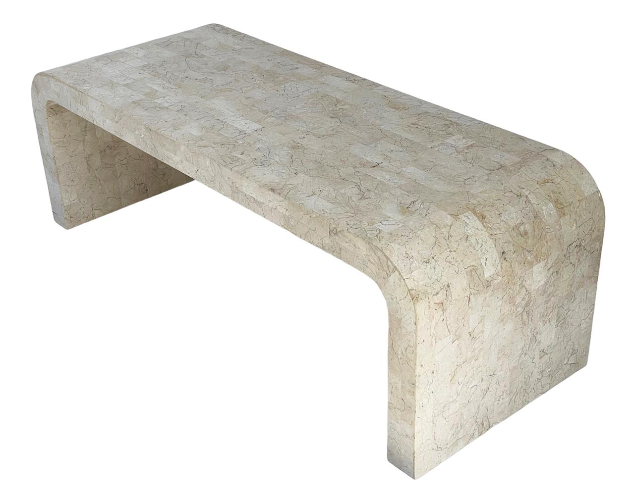 Late 20th Century Hollywood Regency Tesselated Stone Beige Marble Waterfall Cocktail Table 