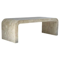 Hollywood Regency Tesselated Stone Beige Marble Waterfall Cocktail Table 