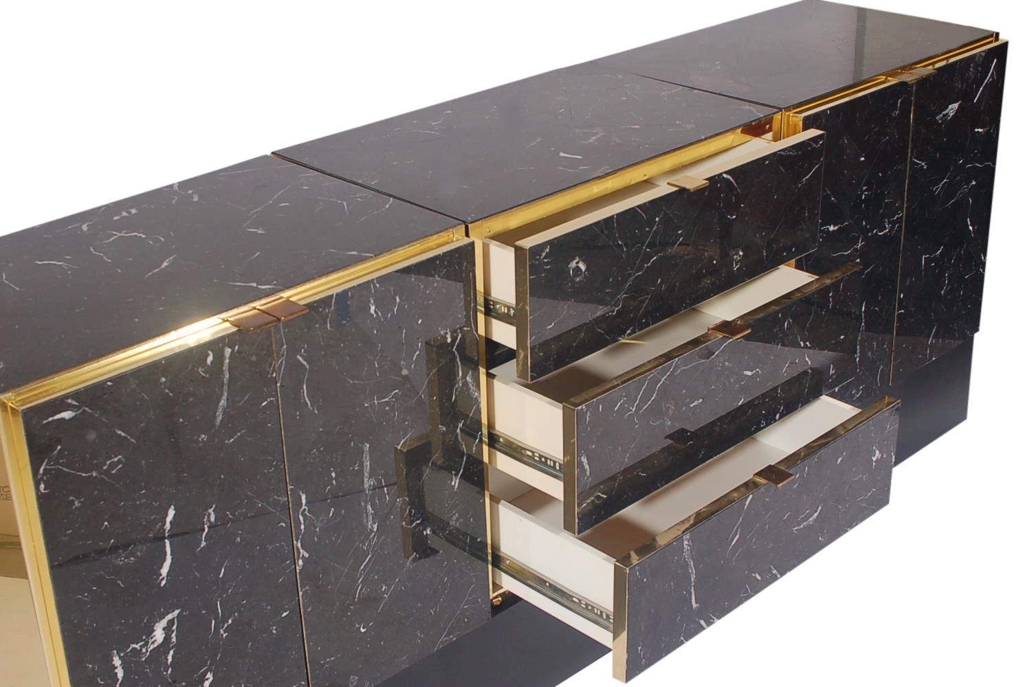 Hollywood Regency Tessellated Black Marble and Brass Credenza or Cabinet by Ello 4