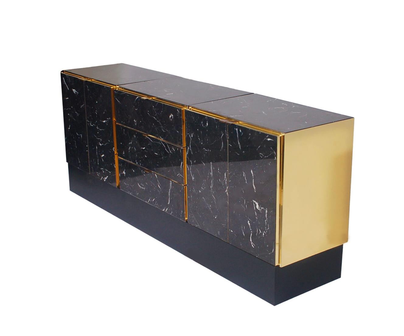 Italian Hollywood Regency Tessellated Black Marble and Brass Credenza or Cabinet by Ello
