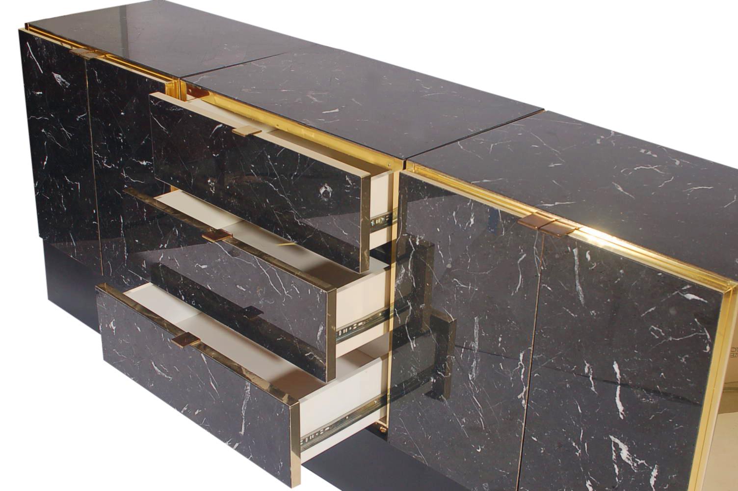Late 20th Century Hollywood Regency Tessellated Black Marble and Brass Credenza or Cabinet by Ello