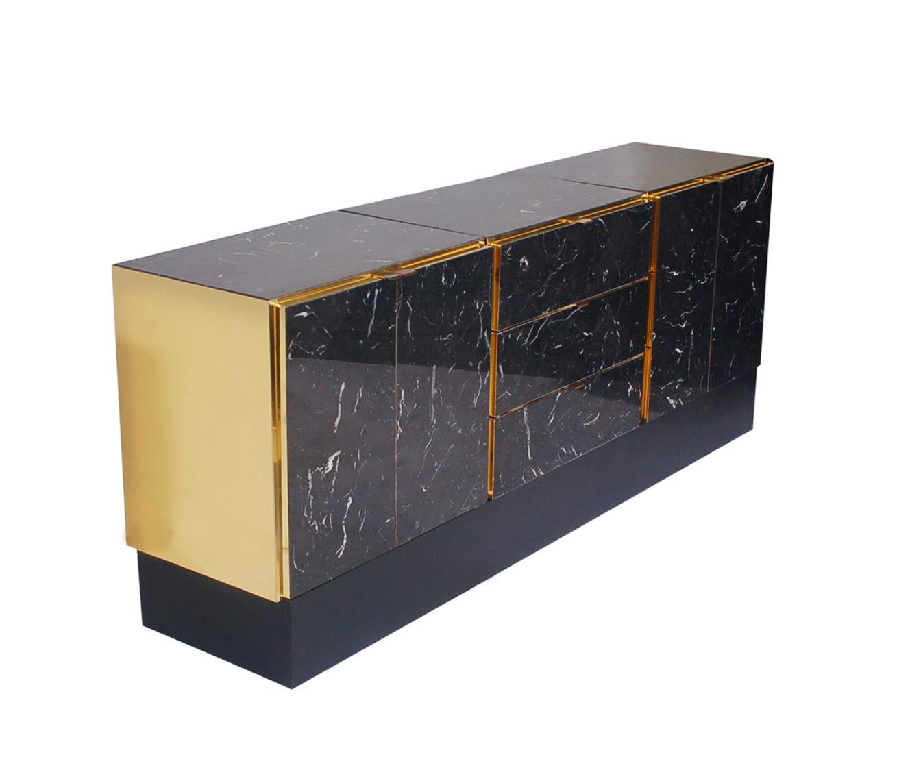 Hollywood Regency Tessellated Black Marble and Brass Credenza or Cabinet by Ello 1