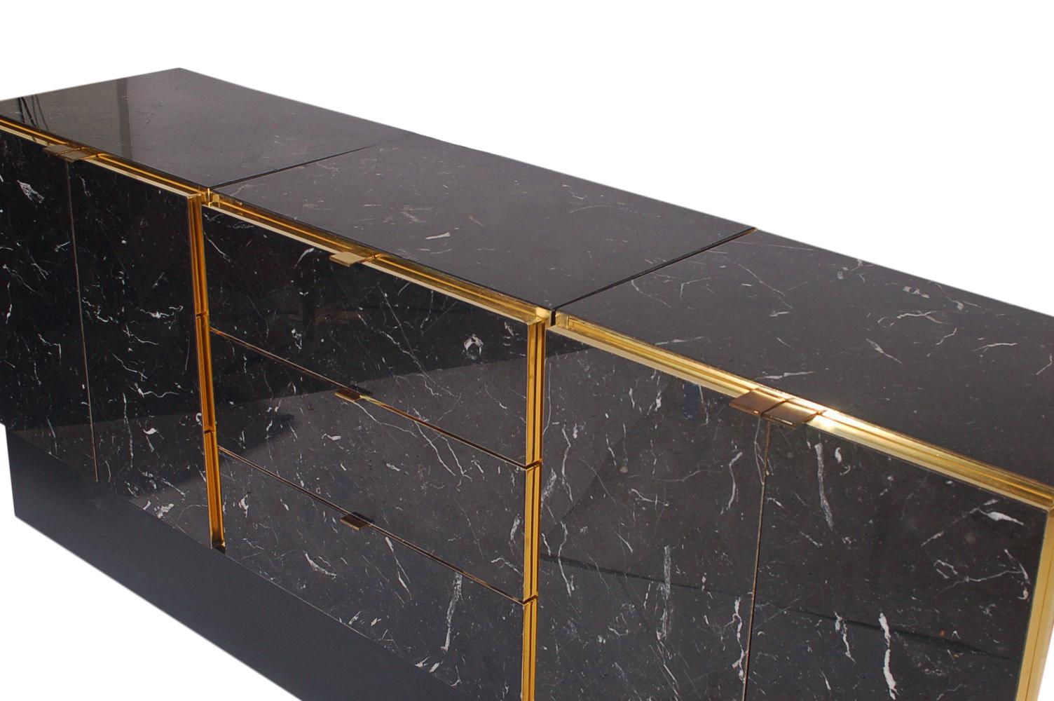 Hollywood Regency Tessellated Black Marble and Brass Credenza or Cabinet by Ello 2
