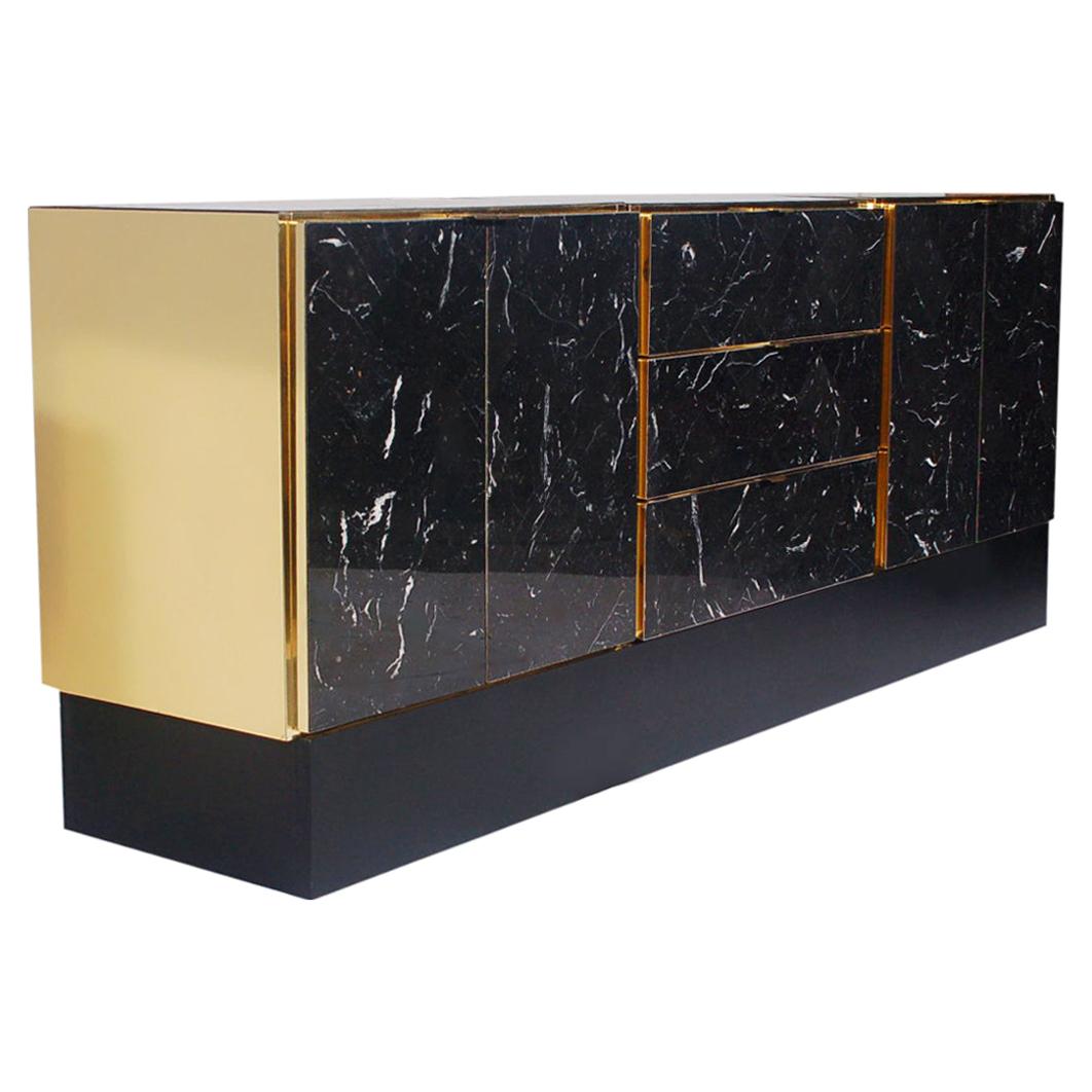 Hollywood Regency Tessellated Black Marble and Brass Credenza or Cabinet by Ello