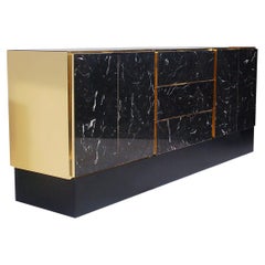 Hollywood Regency Tessellated Black Marble and Brass Credenza or Cabinet by Ello