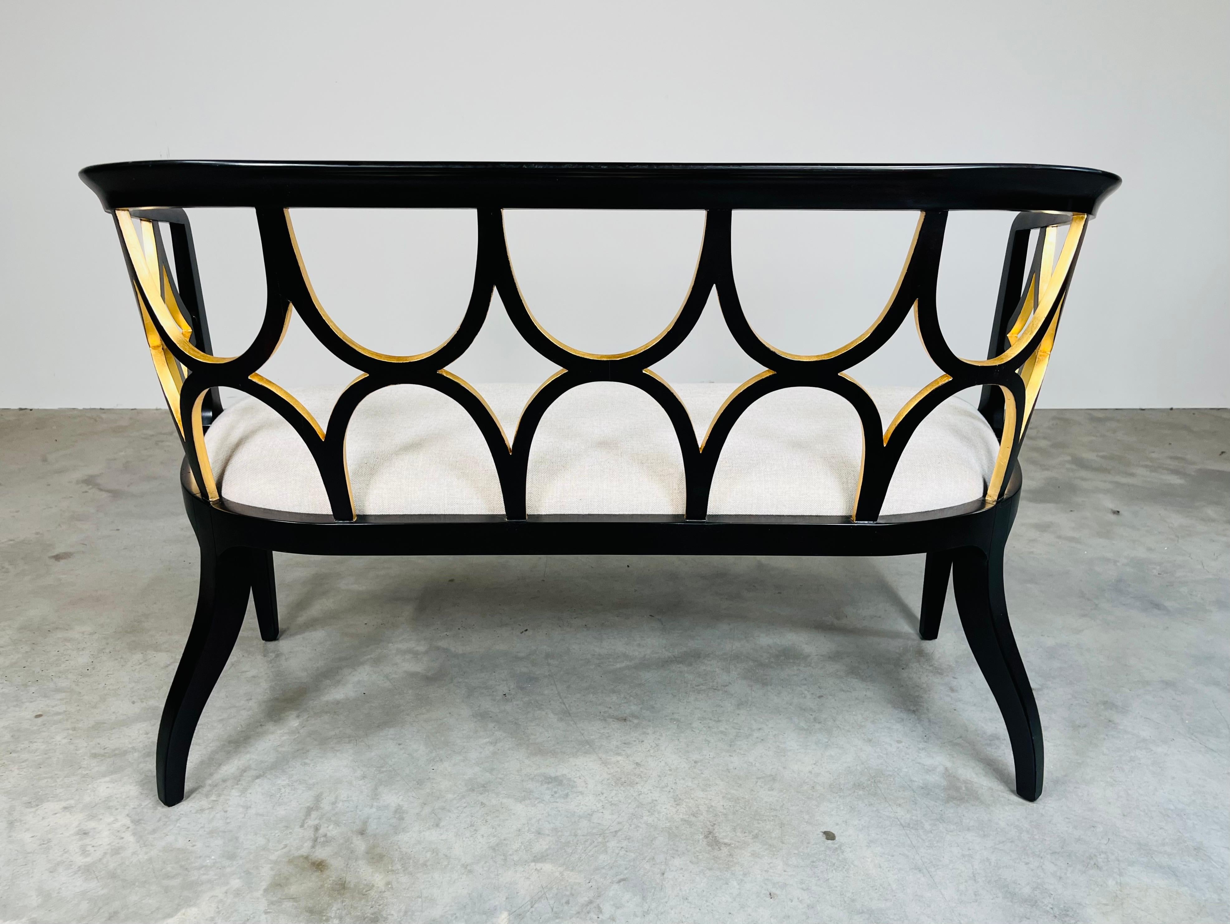 Hollywood Regency Theodore Alexander Ebonised With Gold Gilt Connaught Settee 3