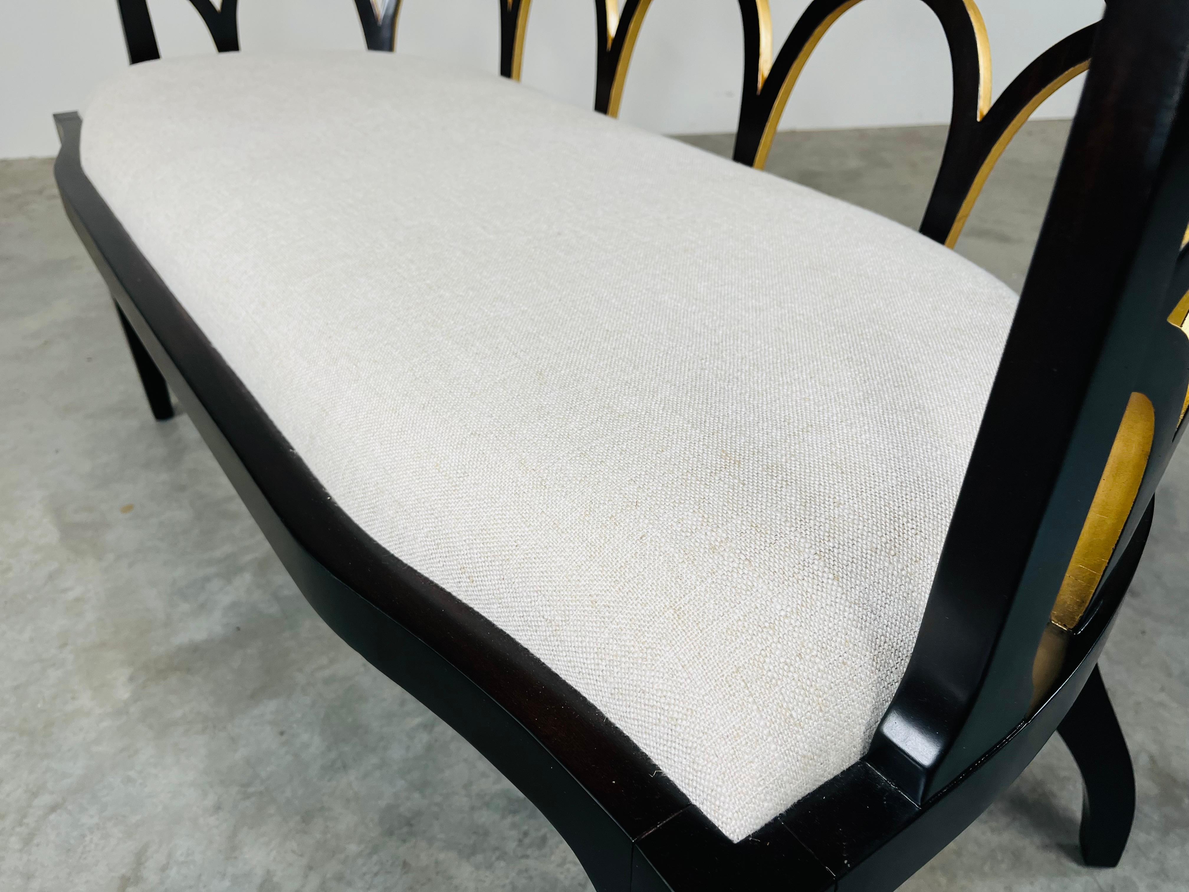 Hollywood Regency Theodore Alexander Ebonised With Gold Gilt Connaught Settee In Excellent Condition In Southampton, NJ