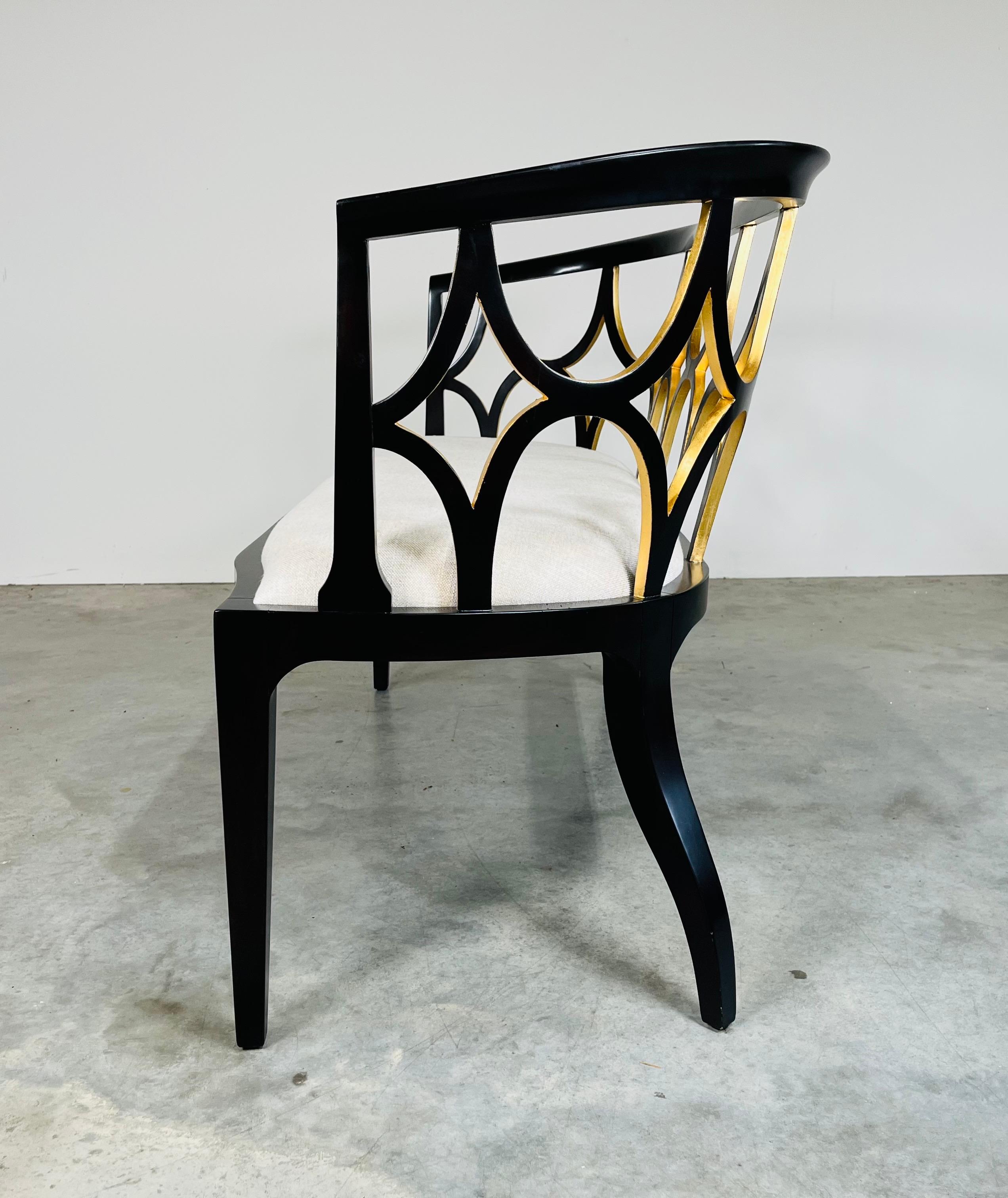 Cotton Hollywood Regency Theodore Alexander Ebonised With Gold Gilt Connaught Settee