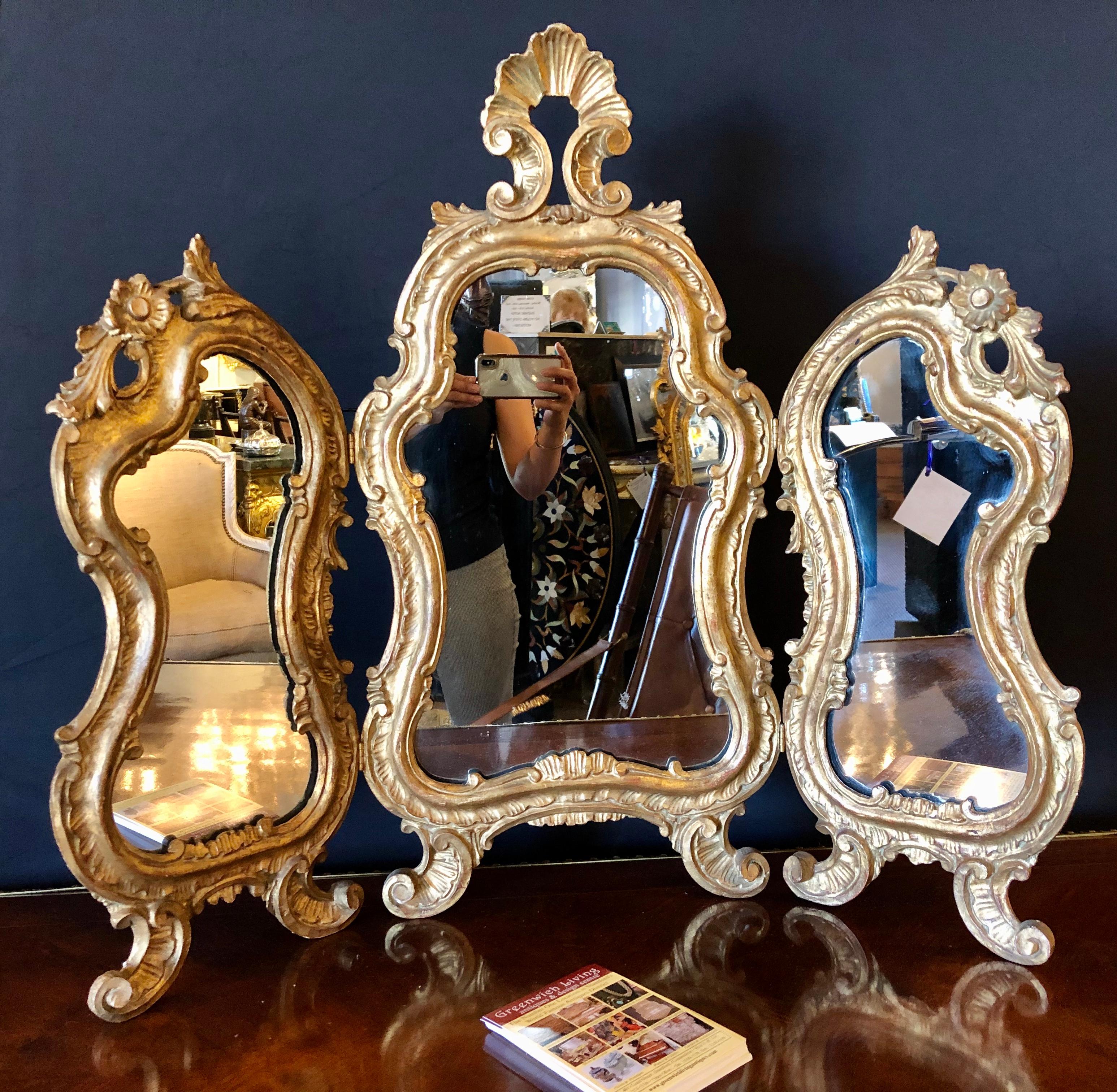 Hollywood Regency Three Fold Table Mirror in Gold Leaf In Good Condition In Stamford, CT
