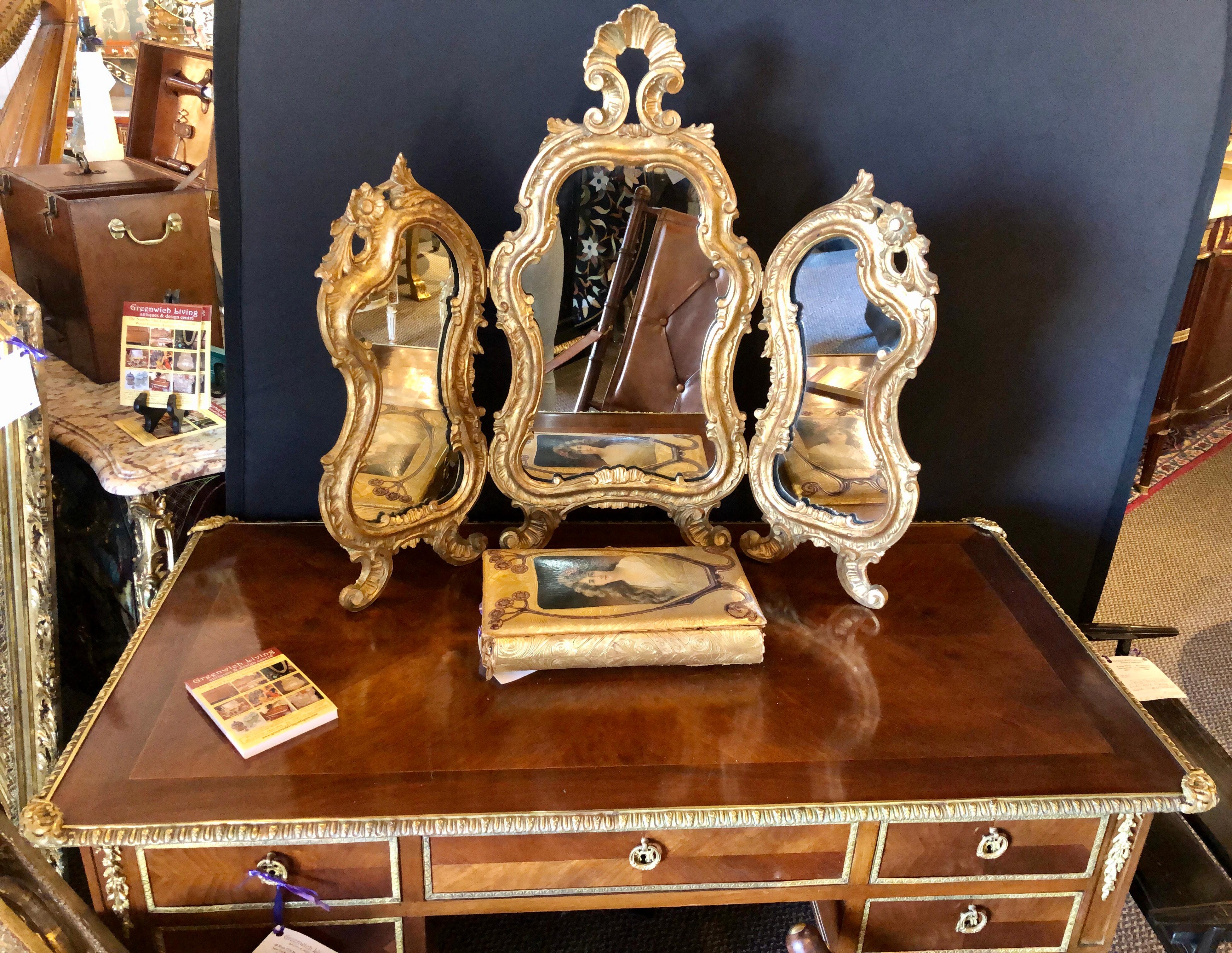 20th Century Hollywood Regency Three Fold Table Mirror in Gold Leaf