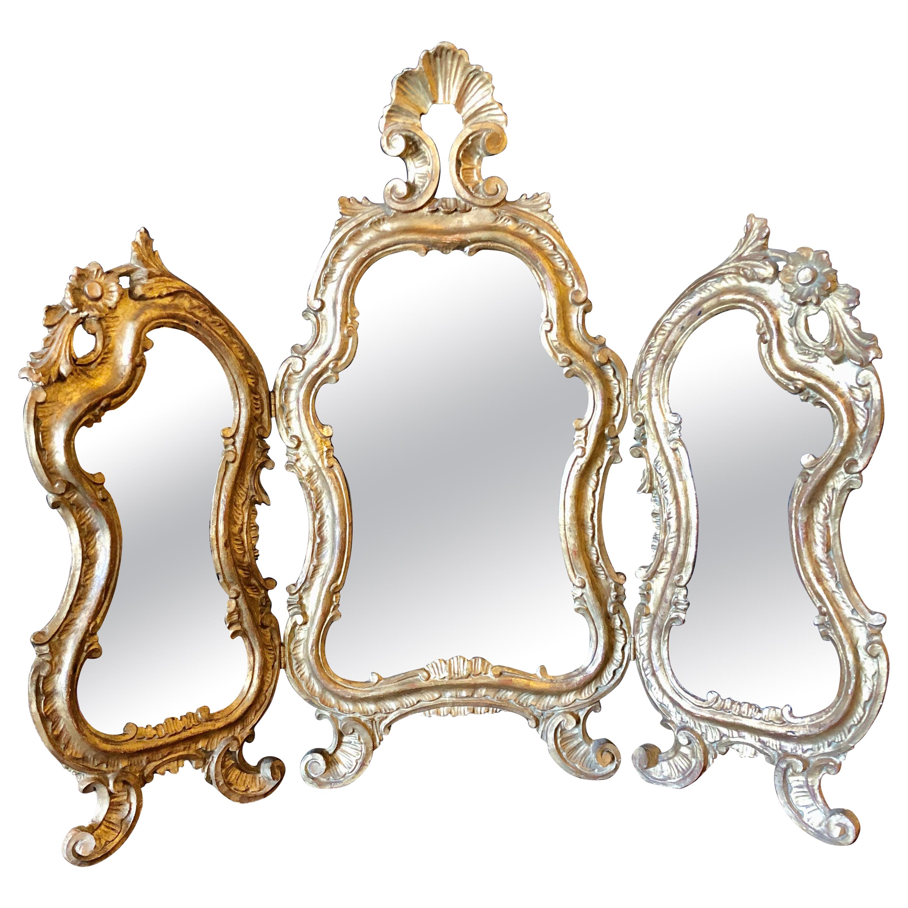 Hollywood Regency Three Fold Table Mirror in Gold Leaf