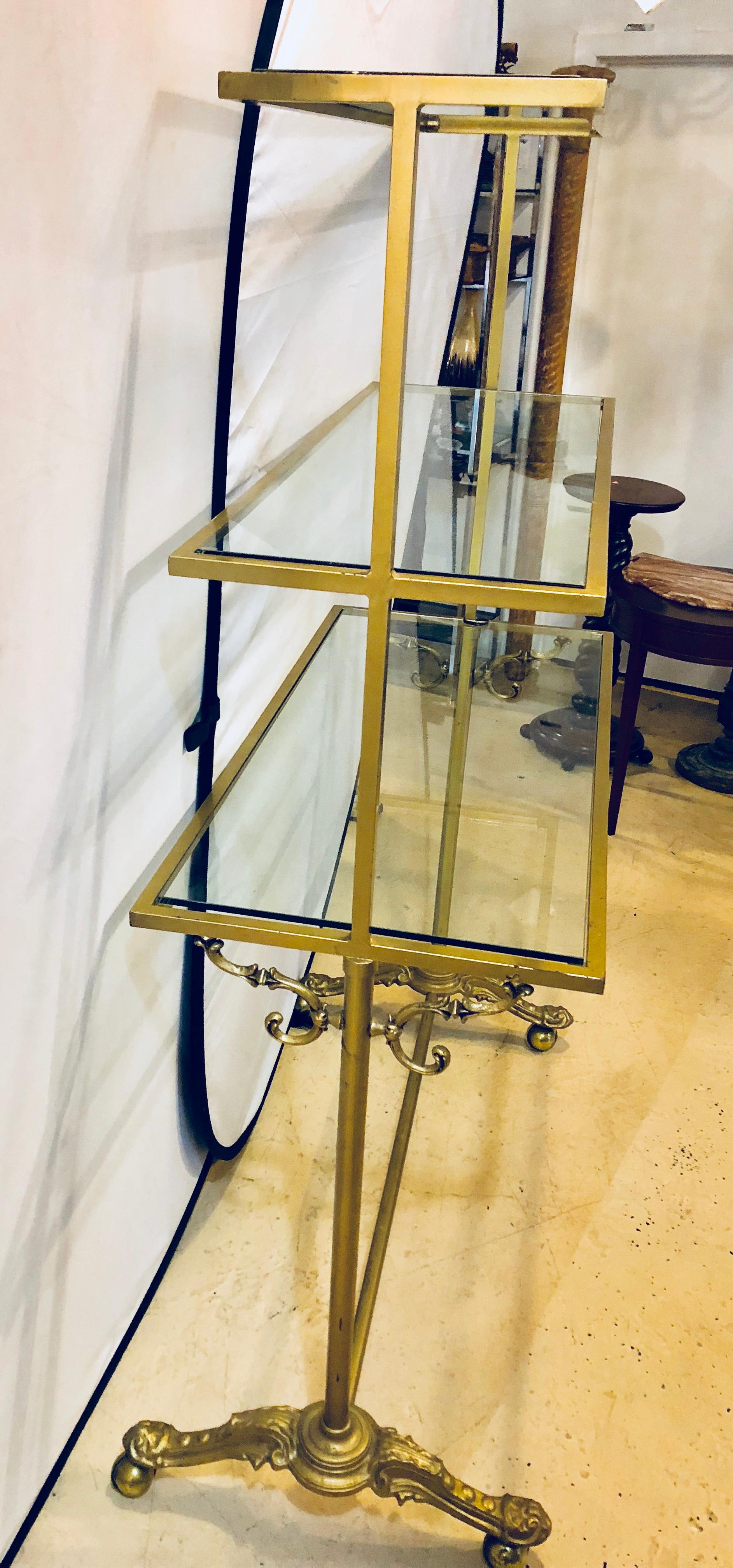 Hollywood Regency Three-Tier Large Bakers Rack Gilt Metal and Glass Shelves 1