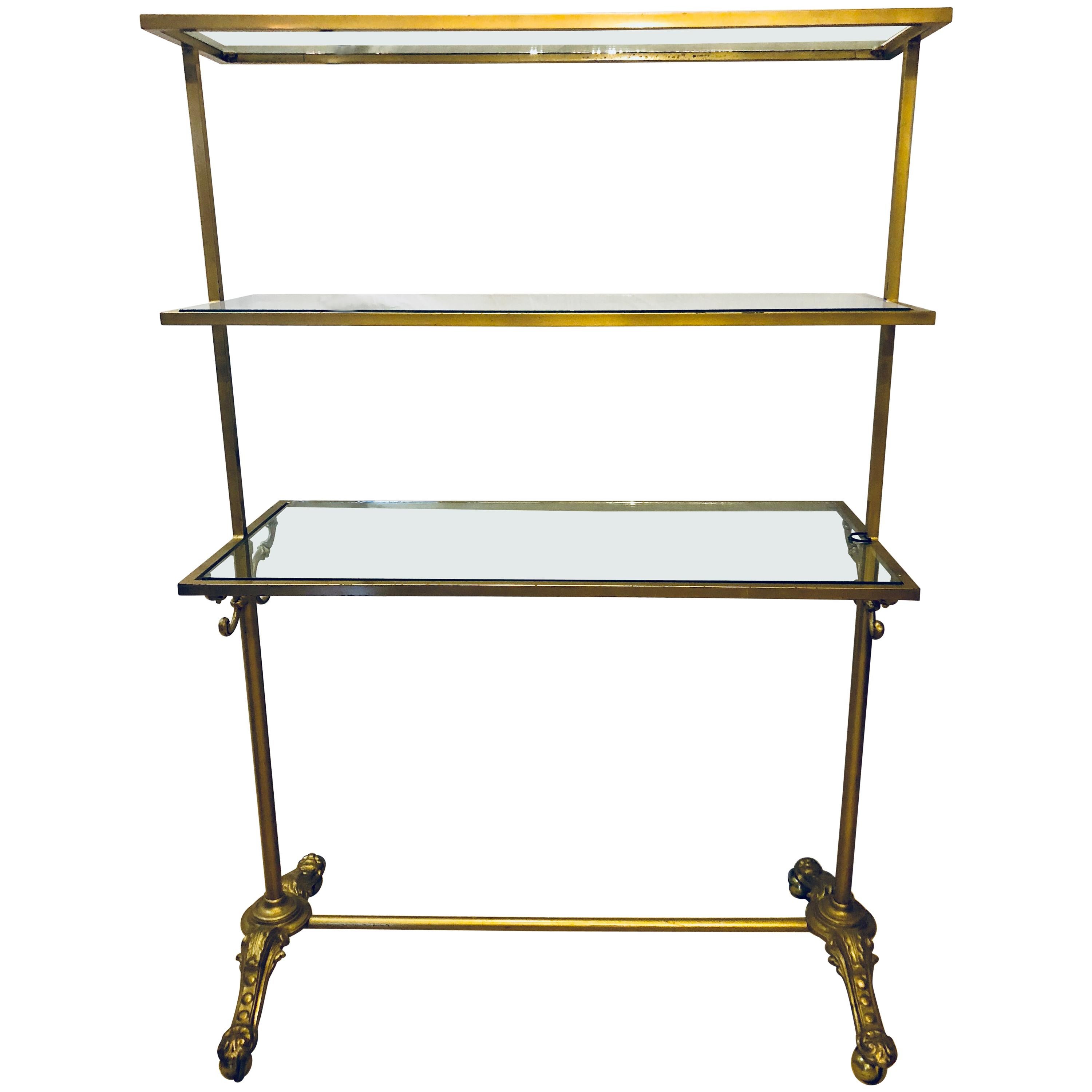 Hollywood Regency Three-Tier Large Bakers Rack Gilt Metal and Glass Shelves