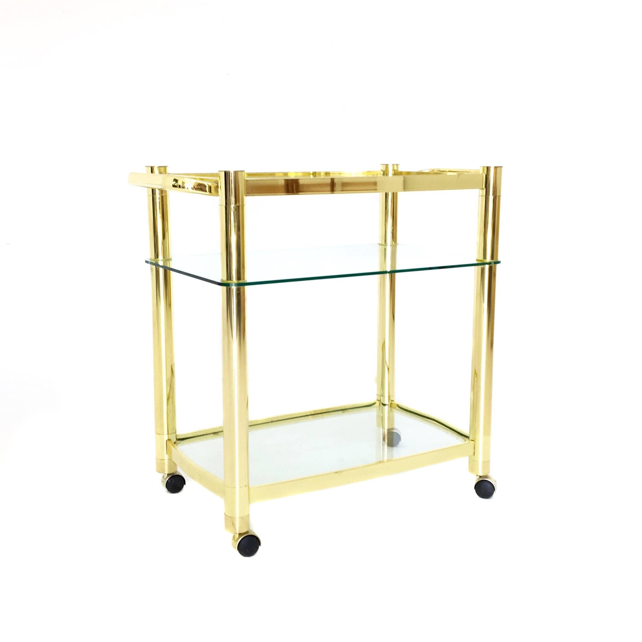 Hollywood Regency Three-Tiered Brass Bar Cart For Sale
